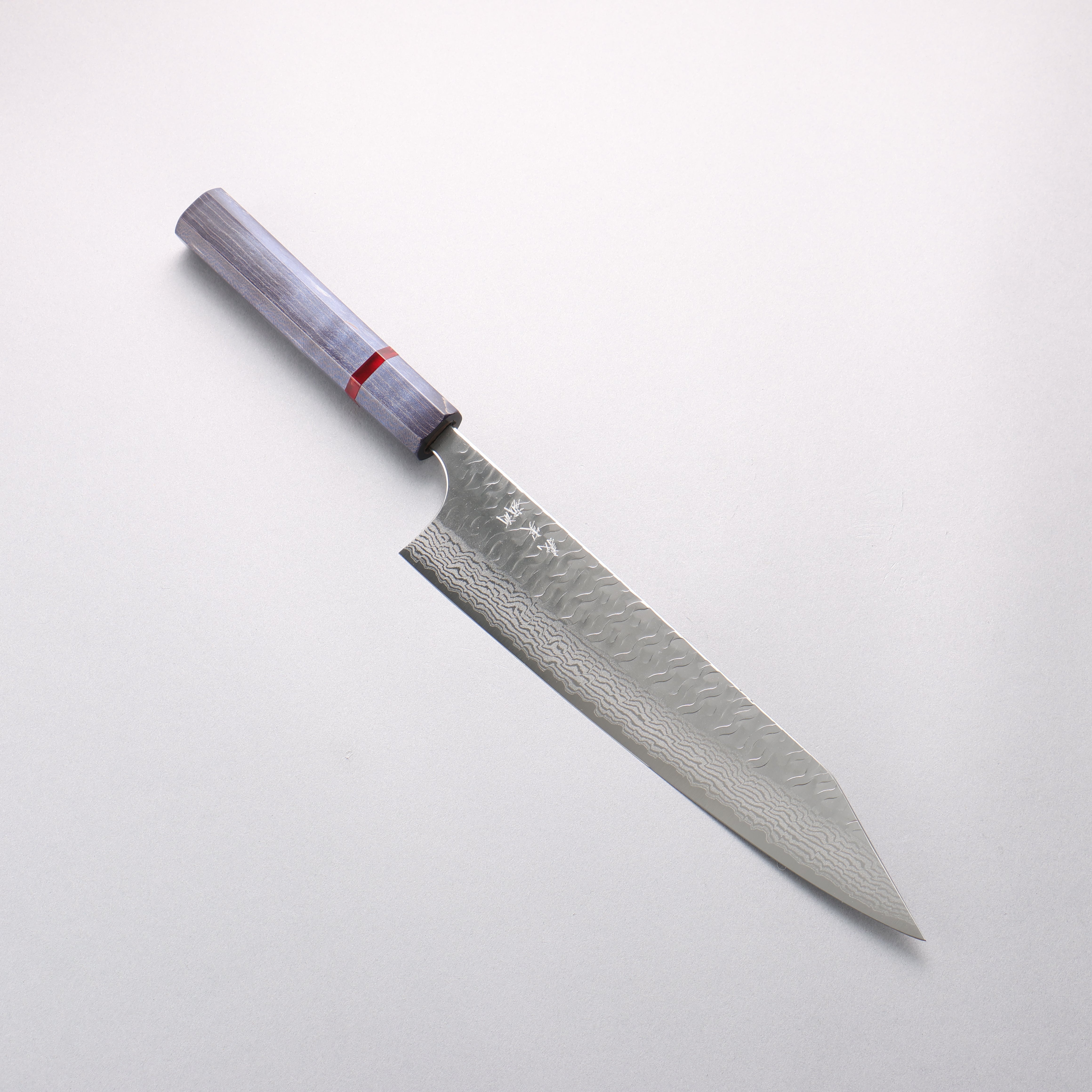 Yoshimi Kato Nami VG-XEOS Hammered Damascus Kiritsuke Gyuto 240mm Blue Stabilized Wood (With Red Ring) Handle - Seisuke Knife