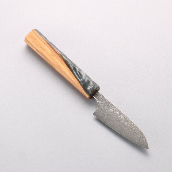 Yoshimi Kato VG10 Black Damascus Petty-Utility 80mm Olive Tree and Black/White Marble Resin Handle - Seisuke Knife