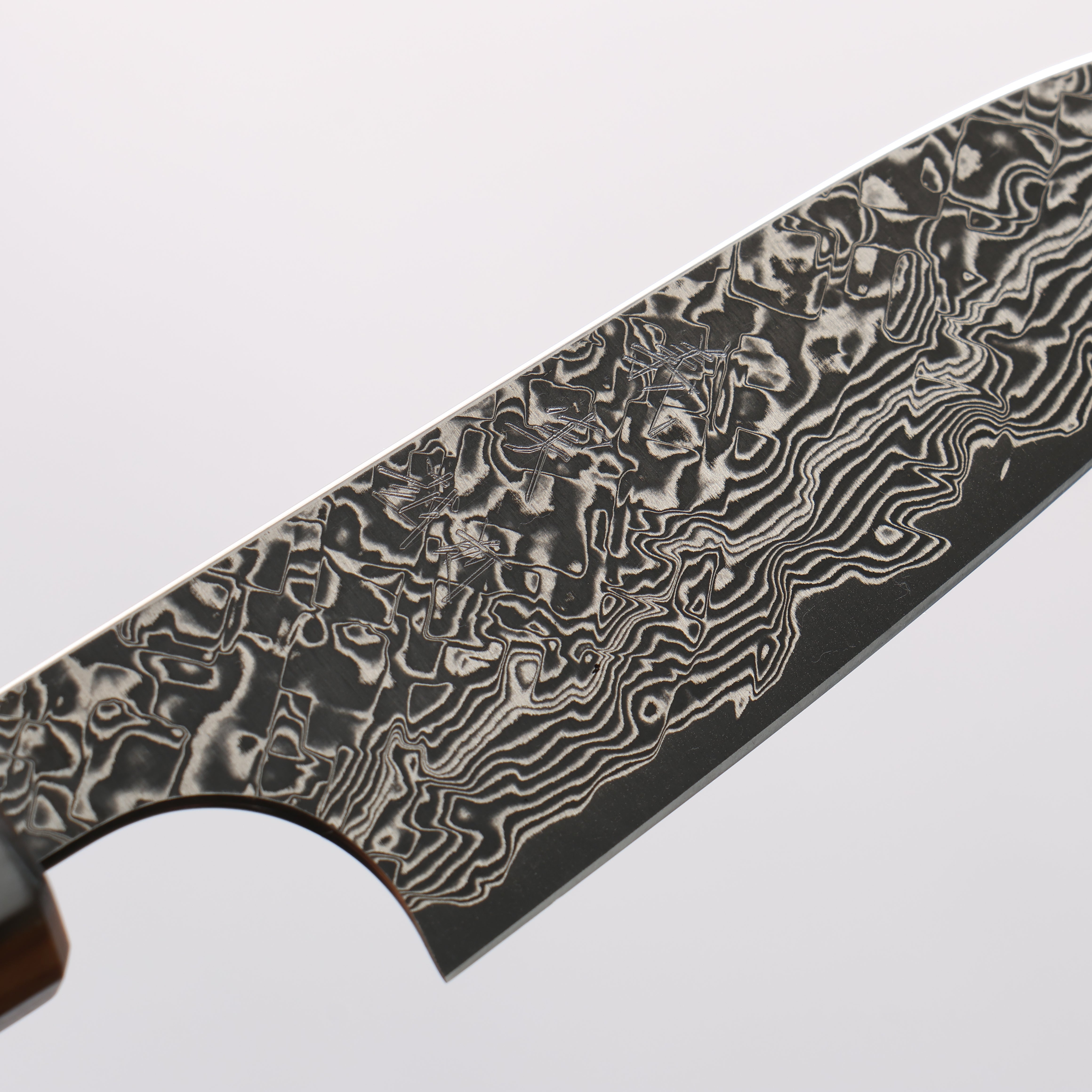 Yoshimi Kato VG10 Black Damascus Petty-Utility 80mm Olive Tree and Black/White Marble Resin Handle - Seisuke Knife