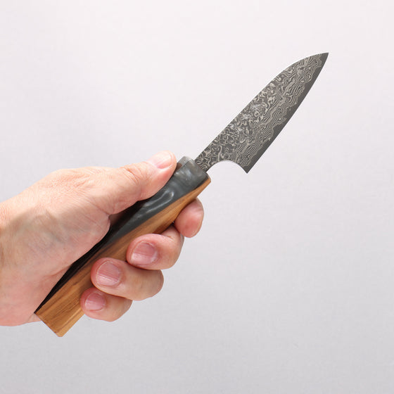 Yoshimi Kato VG10 Black Damascus Petty-Utility 80mm Olive Tree and Black/White Marble Resin Handle - Seisuke Knife