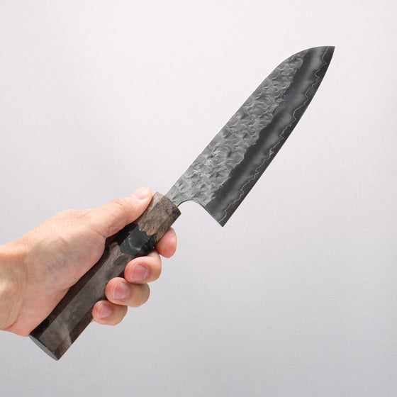 Yoshimi Kato Hyo SG2 Hammered Santoku 170mm Stabilized Birch with Black Resin Handle - Seisuke Knife