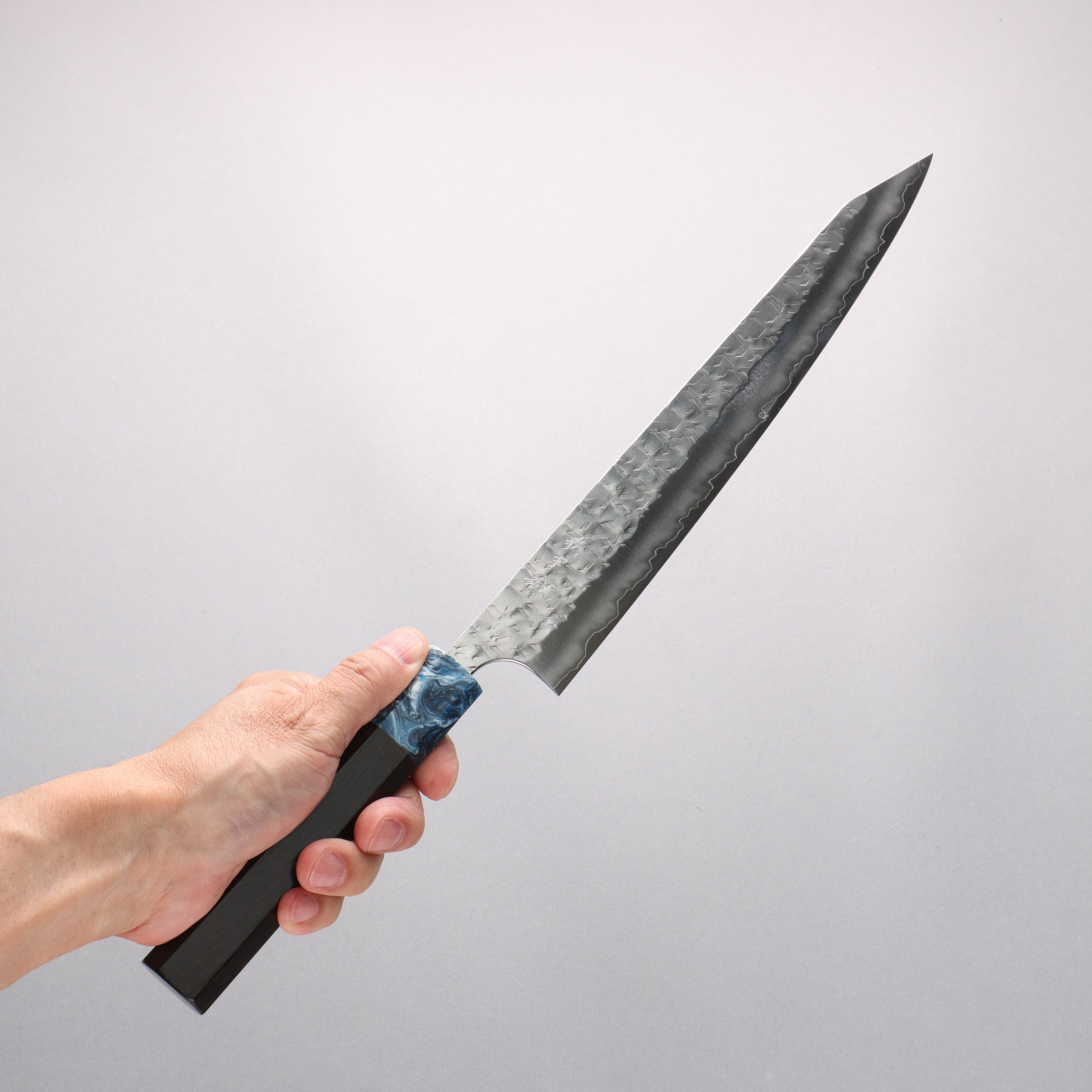 Yoshimi Kato Hyo SG2 Hammered Kiritsuke Sujihiki 270mm Ebony (ferrule: Blue Marble Resin) Handle - Seisuke Knife