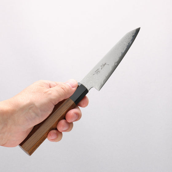 Seisuke VG10 Damascus Kiritsuke Petty-Utility 120mm Teak (ferrule: Black Plastic) Handle - Seisuke Knife