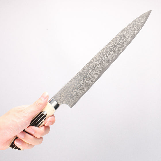 Takeshi Saji SG2 Black Damascus Sujihiki 270mm White Deer Horn Handle - Seisuke Knife