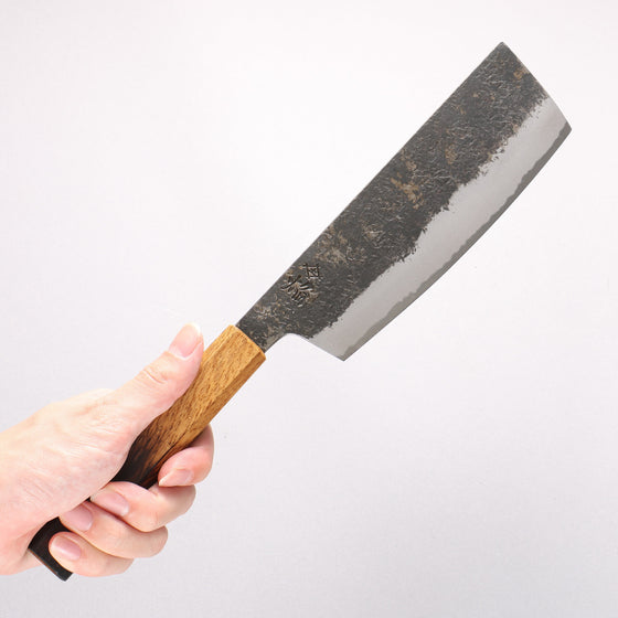 Sakai Takayuki Homura Guren Blue Steel No.2 Kurouchi Hammered Nakiri 180mm with Burnt Oak Handle - Seisuke Knife