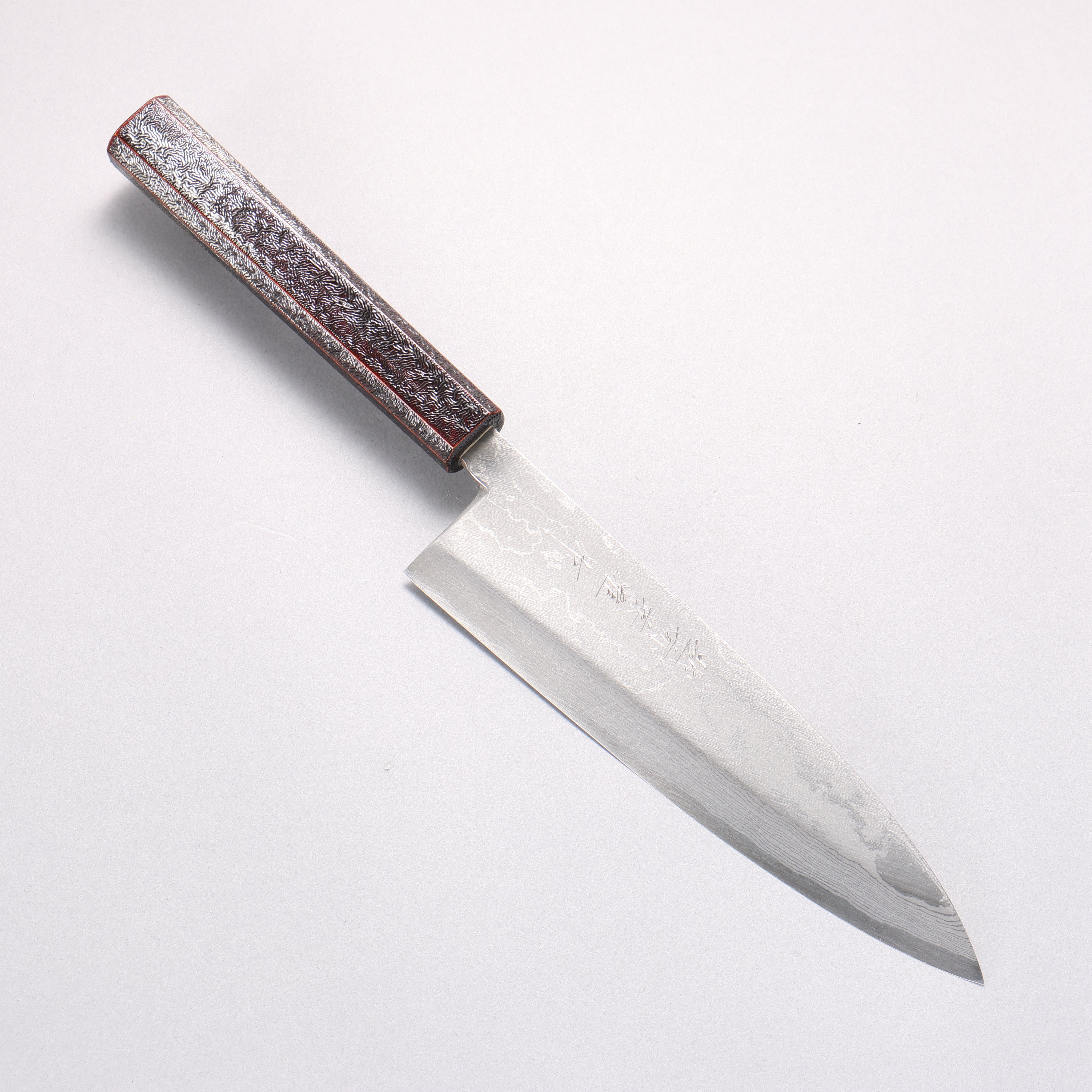 Hideo Kitaoka White Steel No.2 Damascus Mioroshi Deba195mm Oak with Black Silver Lacquer Handle - Seisuke Knife