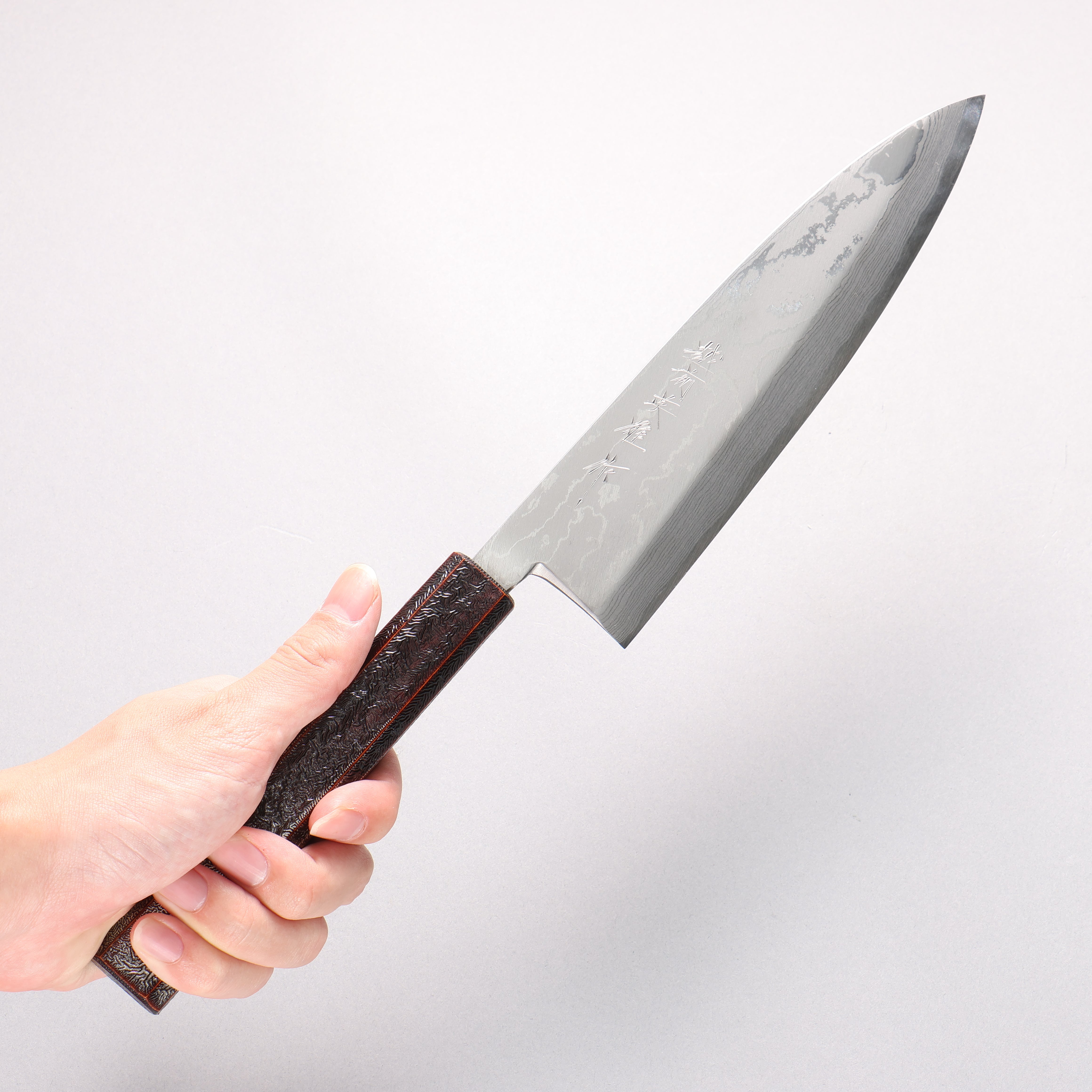 Hideo Kitaoka White Steel No.2 Damascus Mioroshi Deba195mm Oak with Black Silver Lacquer Handle - Seisuke Knife