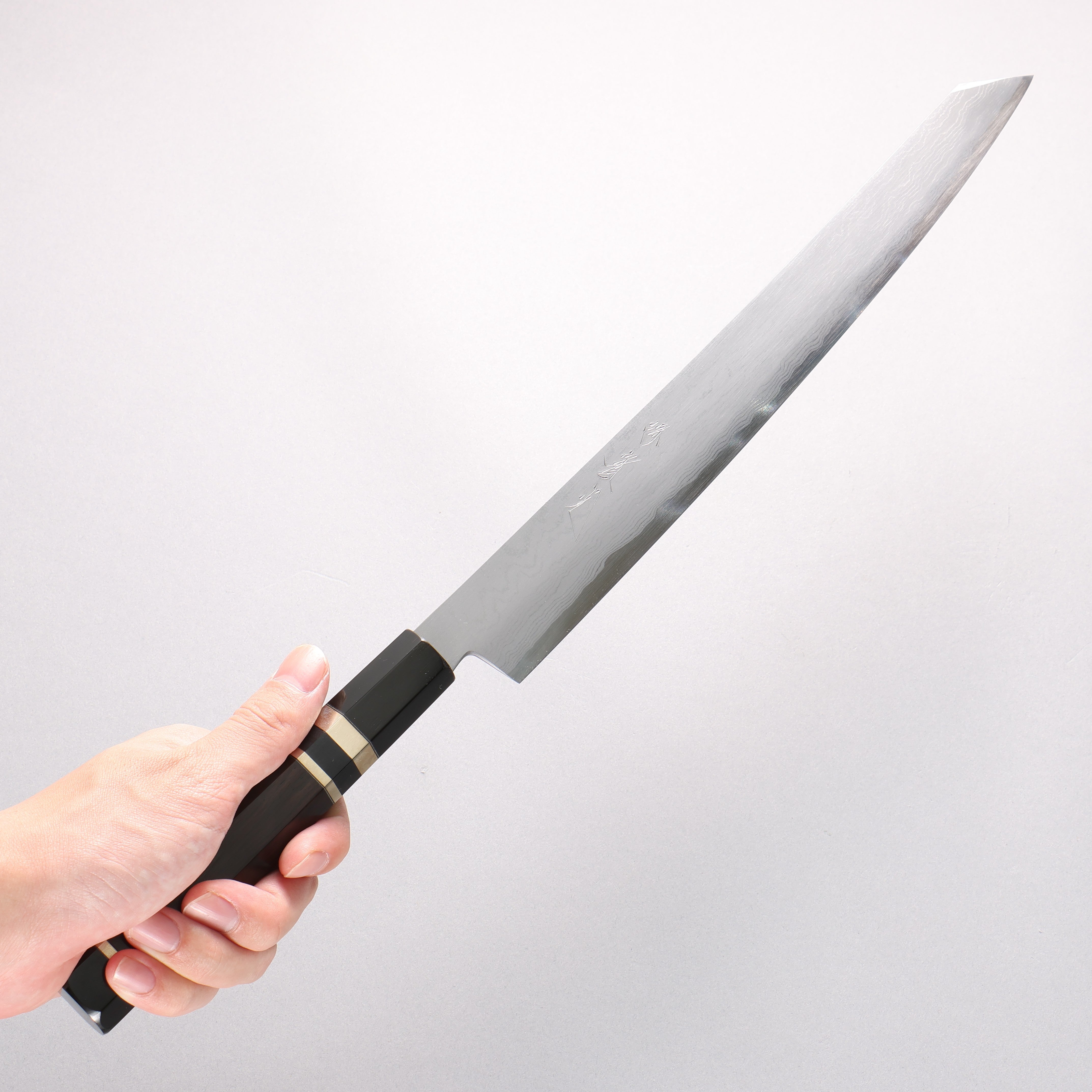 Jikko Blue Steel Damascus Kiritsuke Sujihiki 300mm Ebony with Double Ring Handle - Seisuke Knife