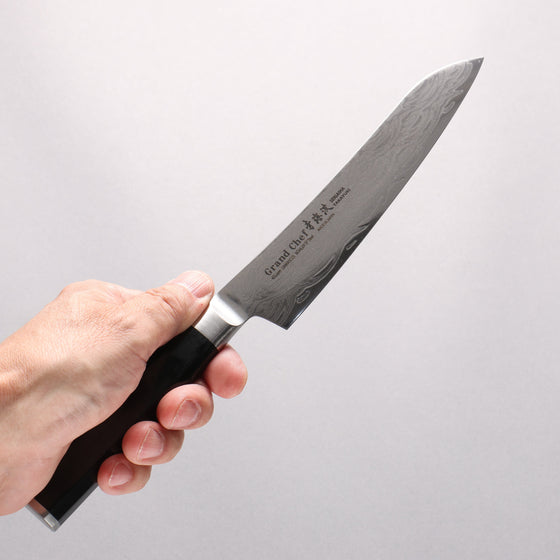 Sakai Takayuki Seigaiha (Blue Ocean Wave) Böhler SP Steel 45 Layer Damascus Migaki Finished Petty-Utility 150mm Black Pakka wood Handle - Seisuke Knife