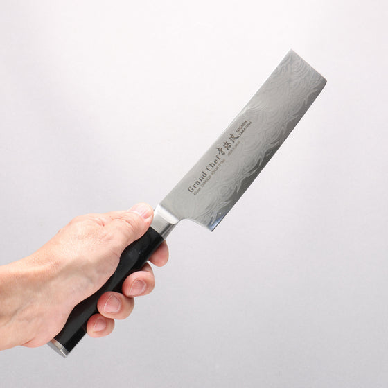 Sakai Takayuki Seigaiha (Blue Ocean Wave) Böhler SP Steel 45 Layer Damascus Migaki Finished Nakiri 160mm Black Pakka wood Handle - Seisuke Knife
