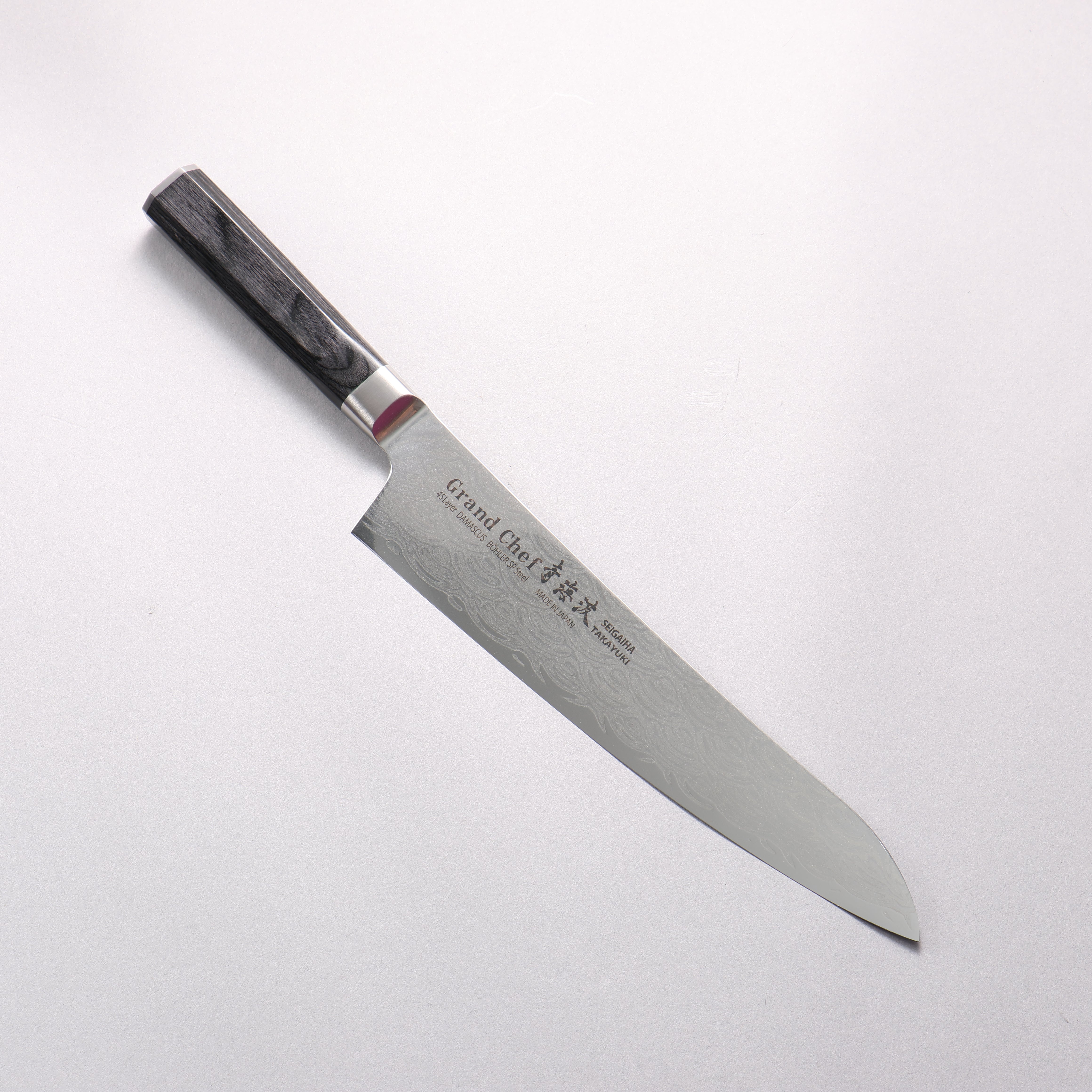 Sakai Takayuki Seigaiha (Blue Ocean Wave) Böhler SP Steel 45 Layer Damascus Migaki Finished Gyuto 240mm Black Pakka wood Handle - Seisuke Knife