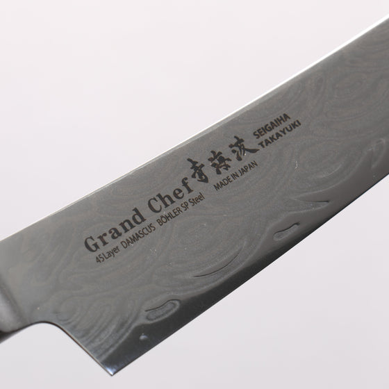 Sakai Takayuki Seigaiha (Blue Ocean Wave) Böhler SP Steel 45 Layer Damascus Migaki Finished Kengata Petty-Utility 150mm Black Pakka wood Handle - Seisuke Knife