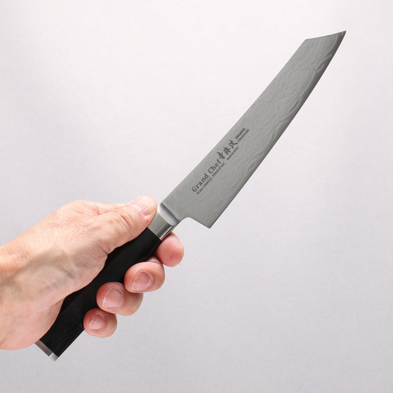 Sakai Takayuki Seigaiha (Blue Ocean Wave) Böhler SP Steel 45 Layer Damascus Migaki Finished Kengata Petty-Utility 150mm Black Pakka wood Handle - Seisuke Knife