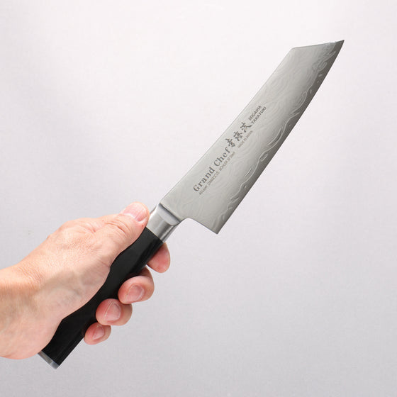 Sakai Takayuki Seigaiha (Blue Ocean Wave) Böhler SP Steel 45 Layer Damascus Migaki Finished Kengata Santoku 160mm Black Pakka wood Handle - Seisuke Knife