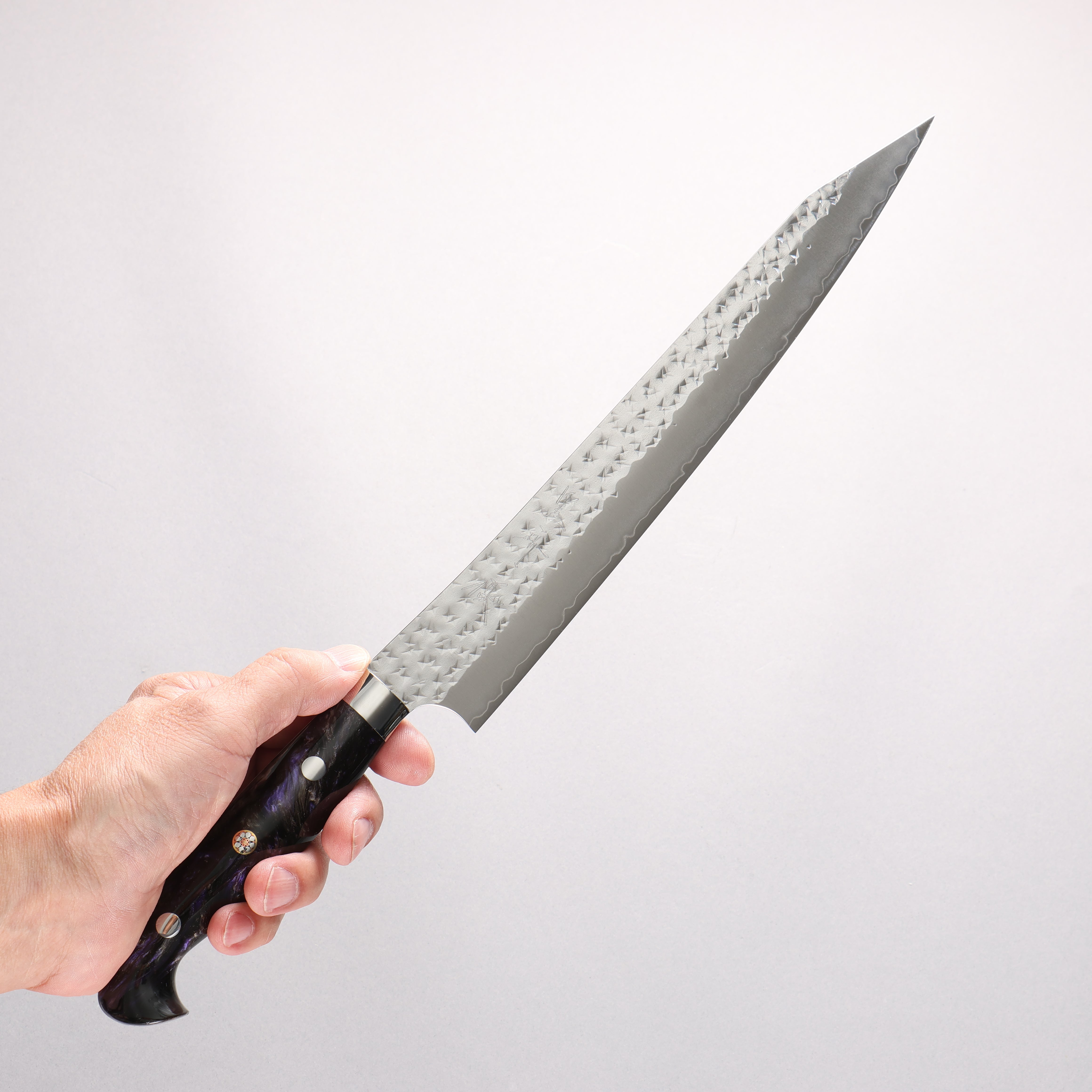 Yu Kurosaki Senko Ei SG2 Hammered Sujihiki 240mm Black Purple Acrylic Handle - Seisuke Knife