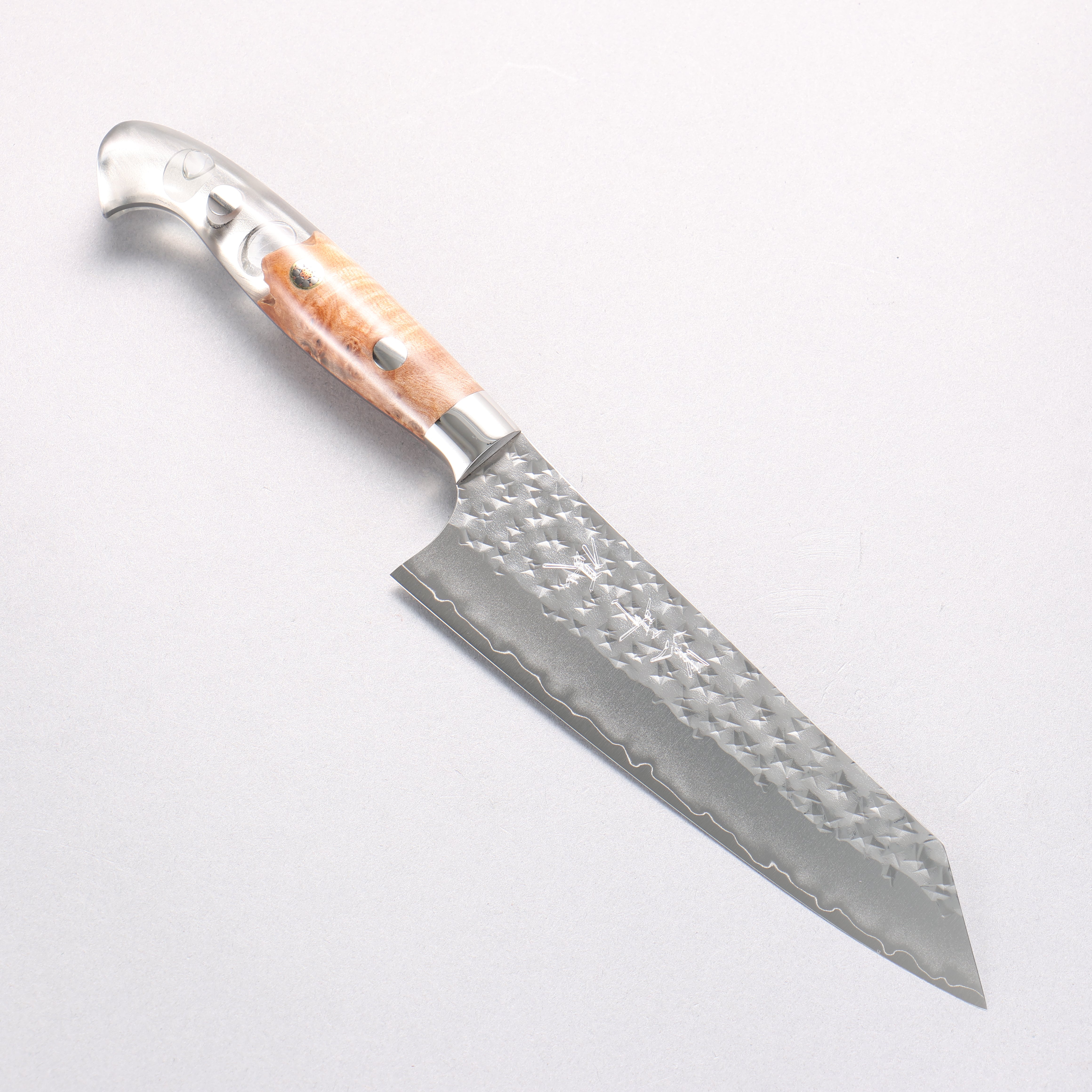 Yu Kurosaki Senko Ei SG2 Hammered Small Santoku 150mm Clear and Wood Pattern Acrylic Handle - Seisuke Knife