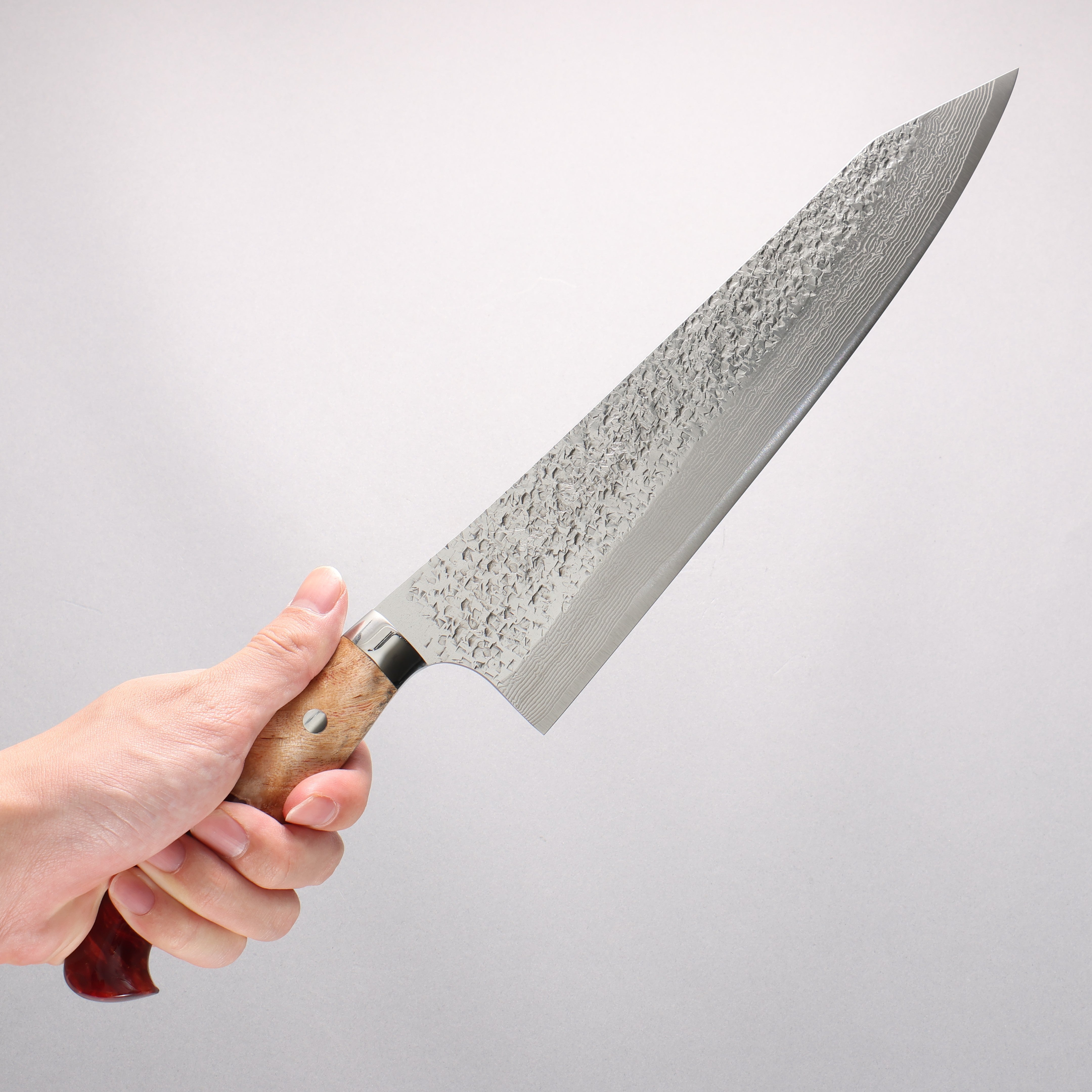 Yu Kurosaki Shizuku SG2 Hammered Damascus Gyuto 270mm Red and Wood Pattern Acrylic Handle - Seisuke Knife