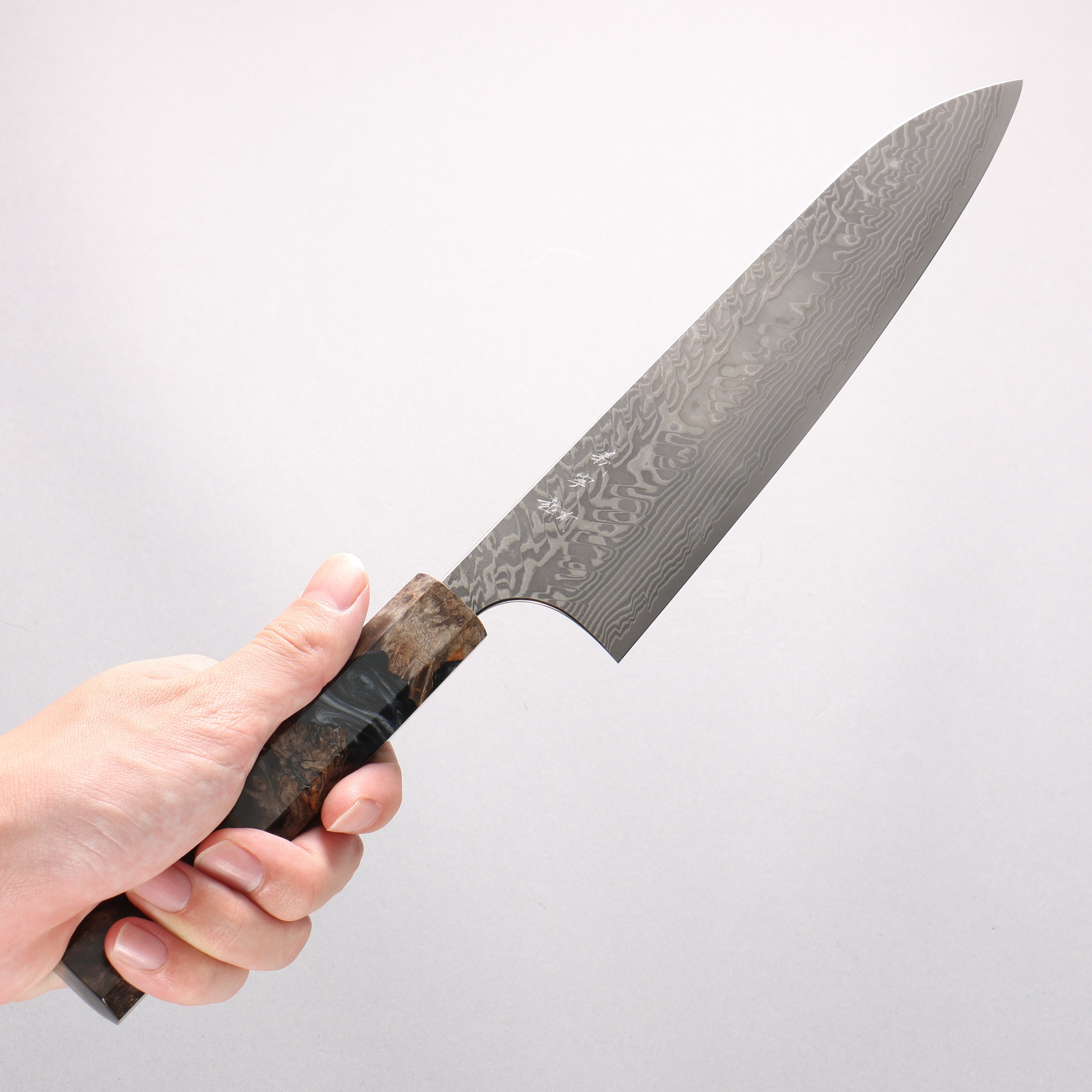 Yoshimi Kato SG2 Black Damascus Gyuto 210mm Stabilized Birch with Black Resin Handle - Seisuke Knife