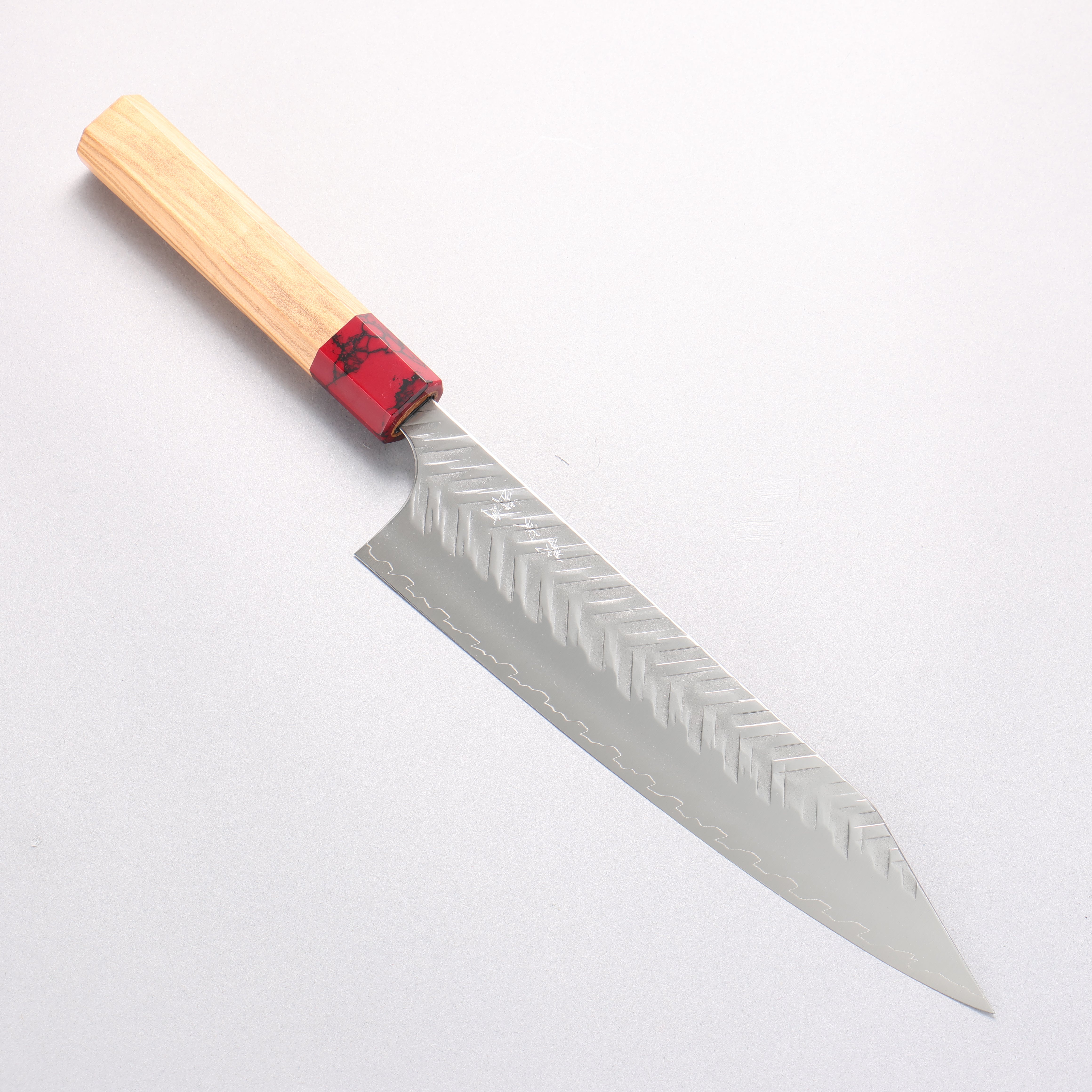 Yoshimi Kato SPG STRIX Hammered (V) Kiritsuke Gyuto 210mm Olive Tree (ferrule: Red Turquoise) Handle - Seisuke Knife