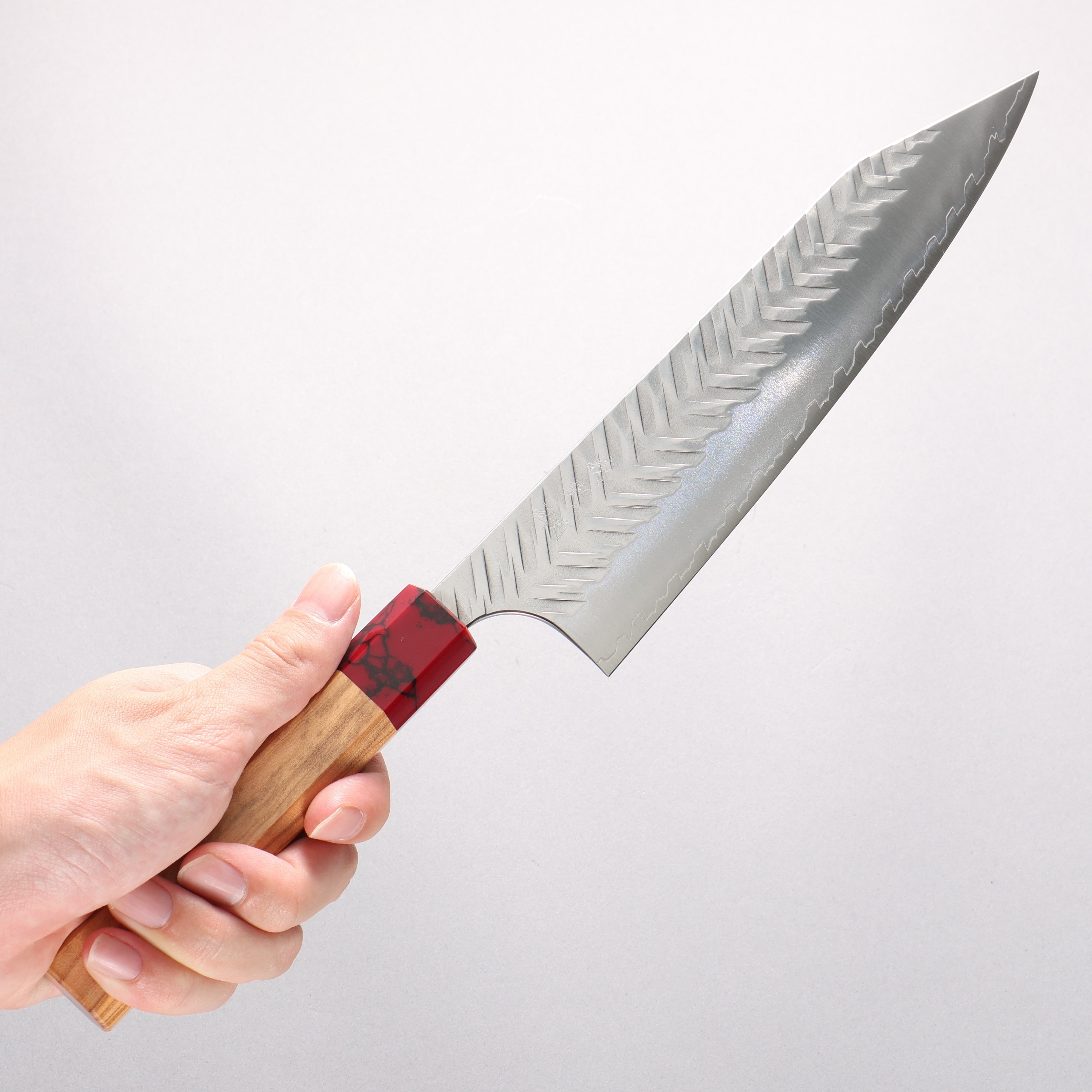 Yoshimi Kato SPG STRIX Hammered (V) Kiritsuke Gyuto 210mm Olive Tree (ferrule: Red Turquoise) Handle - Seisuke Knife