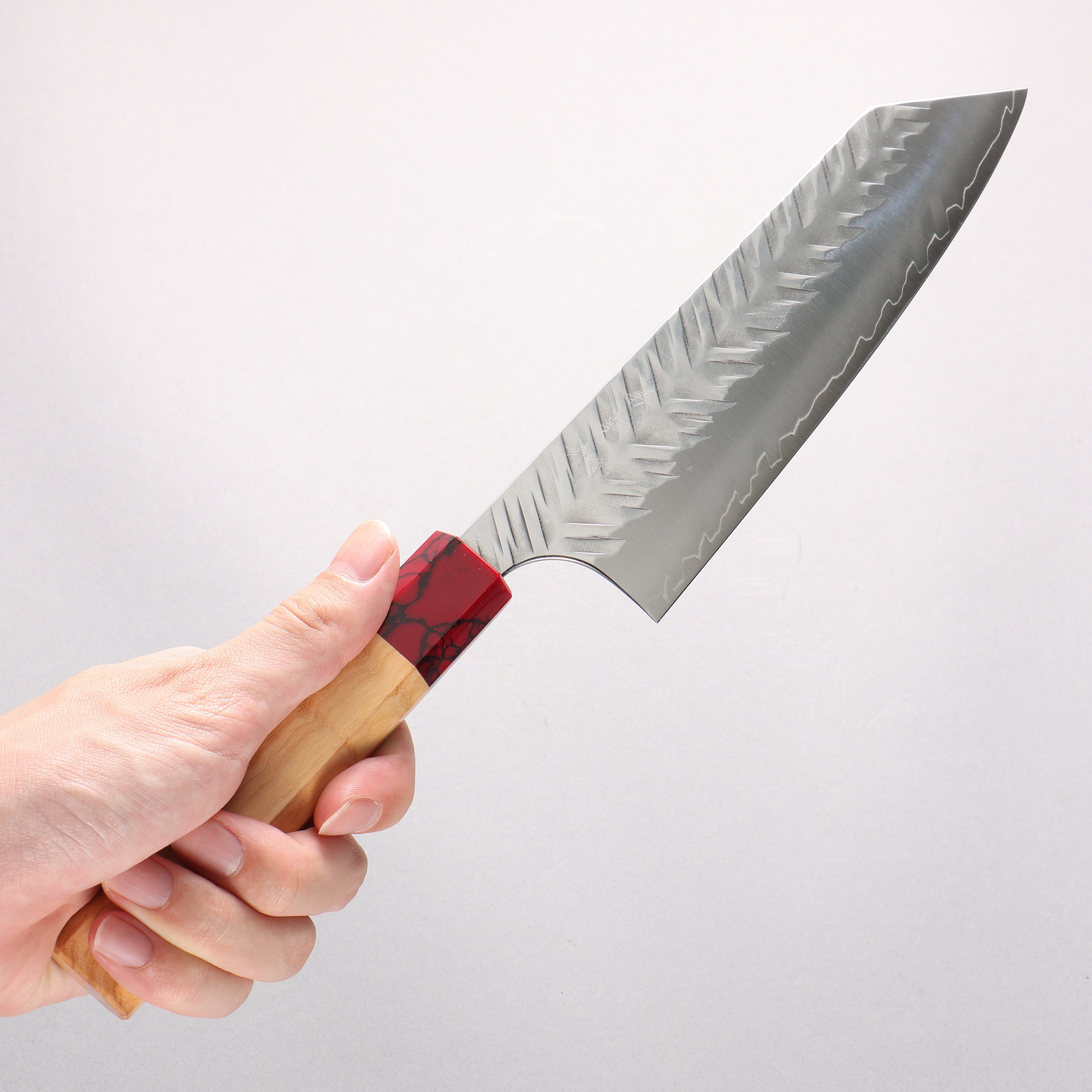 Yoshimi Kato SPG STRIX Hammered (V) Bunka 170mm Olive Tree (ferrule: Red Turquoise) Handle - Seisuke Knife