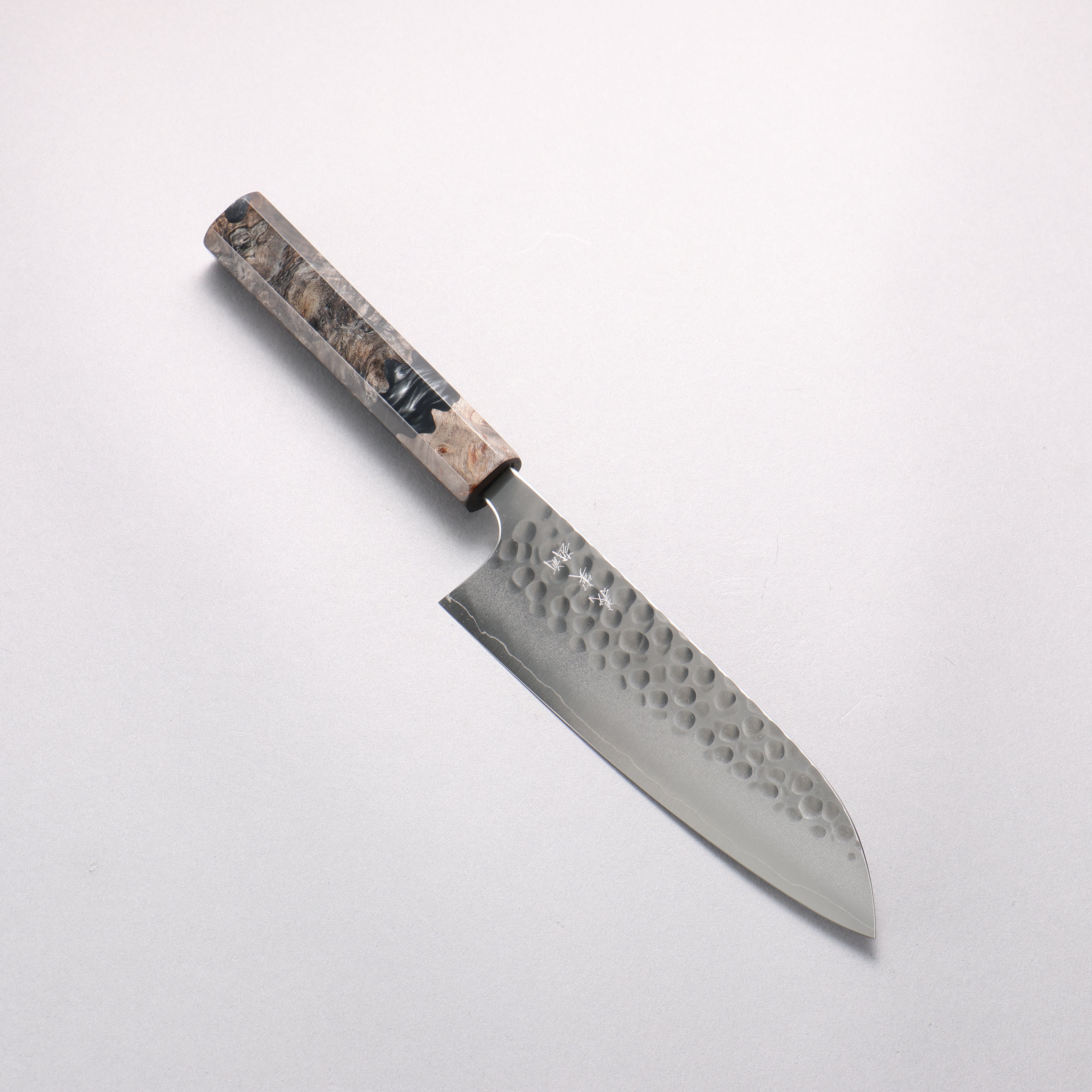 Yoshimi Kato Silver Steel No.3 Hammered(Maru) Migaki Finished Santoku 170mm Stabilized Birch with Black Resin Handle - Seisuke Knife