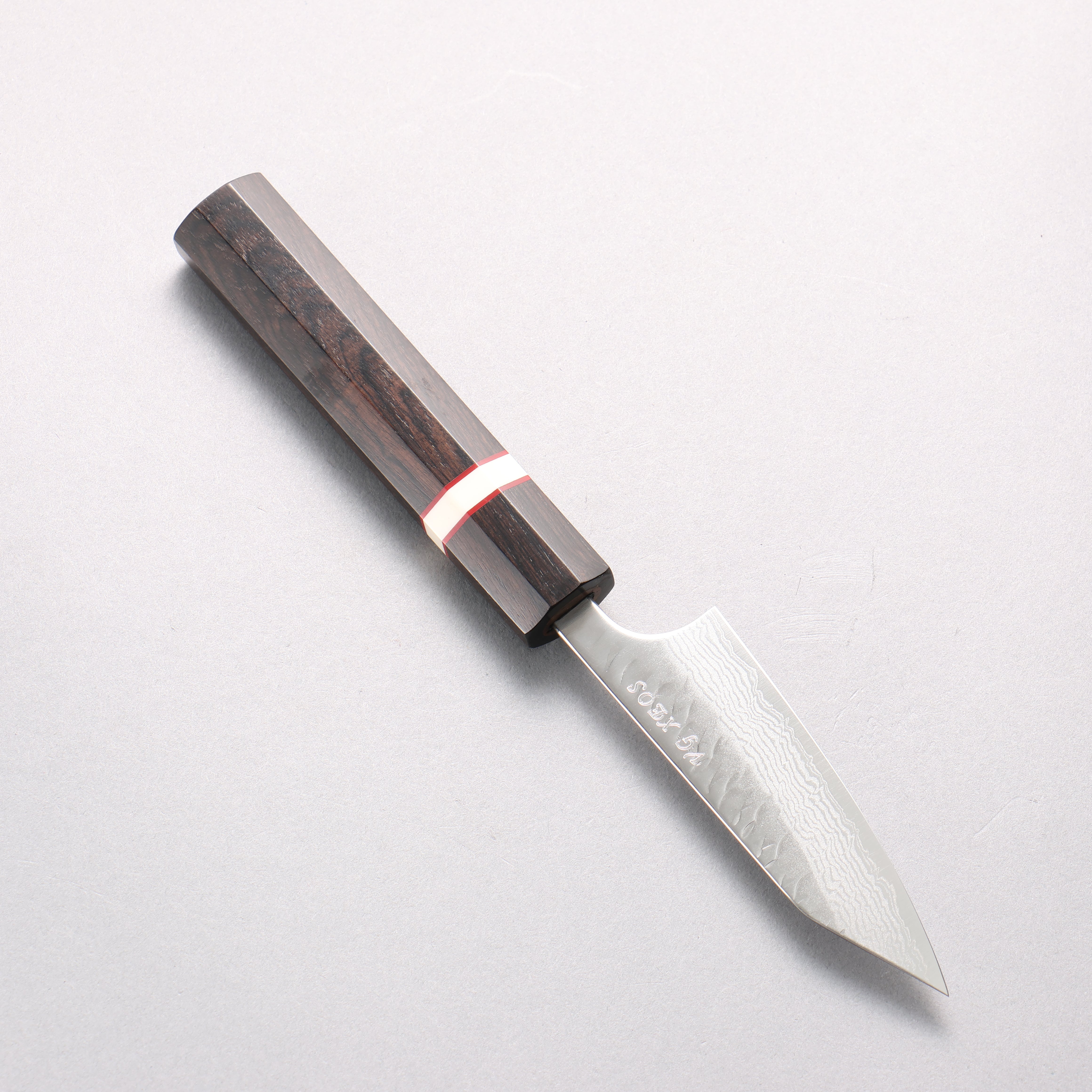 Yoshimi Kato Nami VG-XEOS Hammered Damascus Kiritsuke Paring 90mm Ebony Wood & White Ring Handle - Seisuke Knife