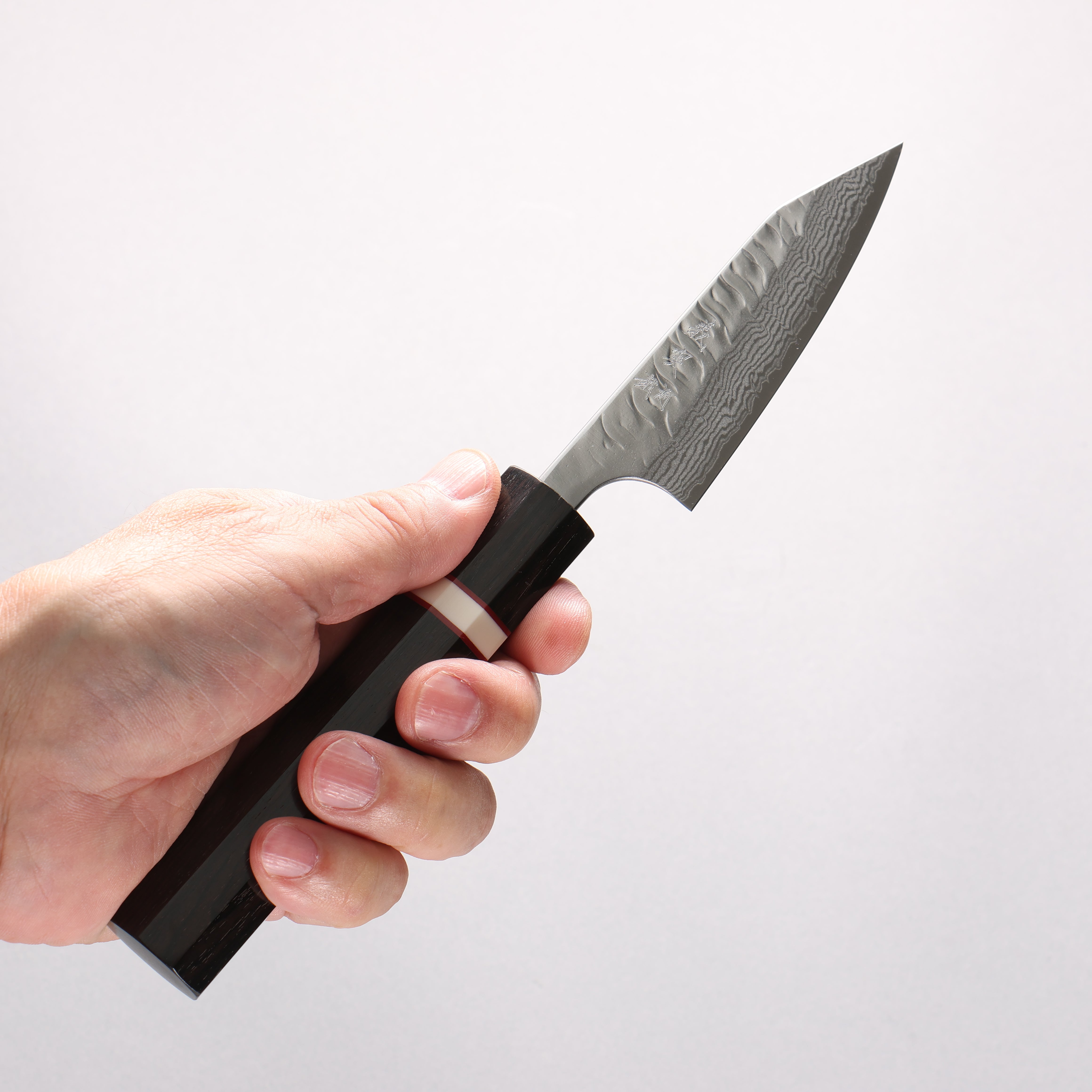 Yoshimi Kato Nami VG-XEOS Hammered Damascus Kiritsuke Paring 90mm Ebony Wood & White Ring Handle - Seisuke Knife