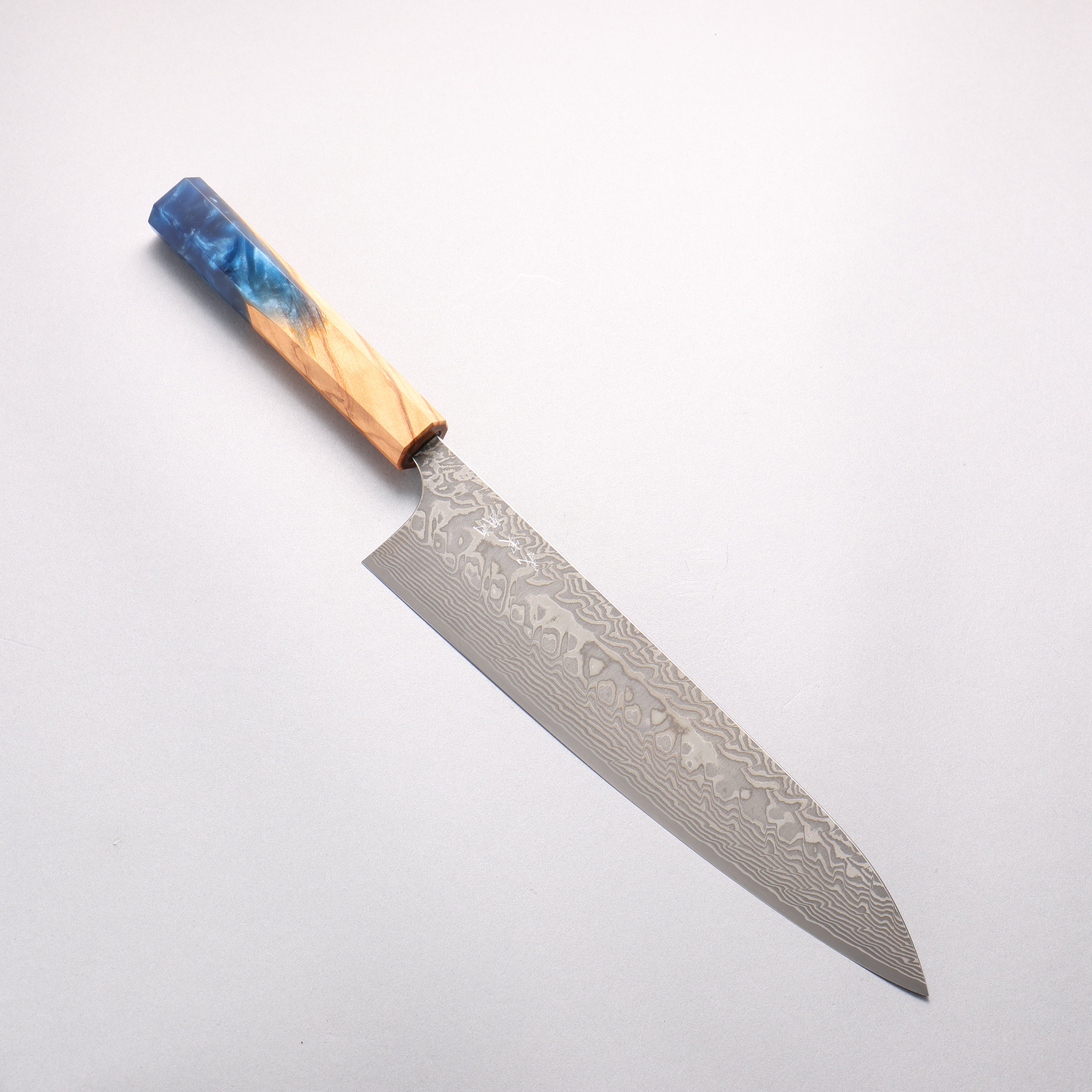 Yoshimi Kato SG2 Black Damascus Gyuto 240mm Olive Tree and Blue Resin Handle - Seisuke Knife