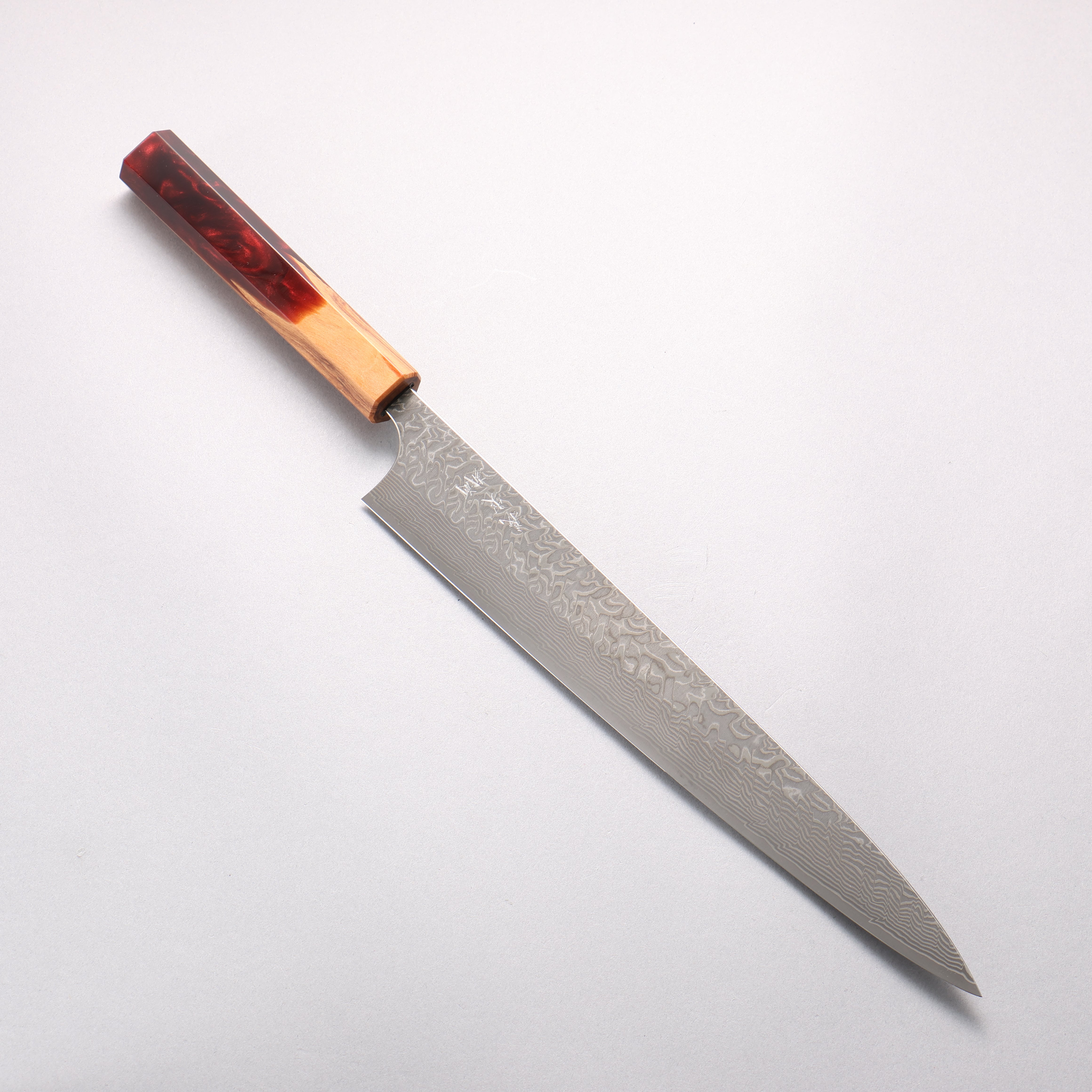 Yoshimi Kato SG2 Black Damascus Sujihiki 270mm Olive Tree and Red Resin Handle - Seisuke Knife