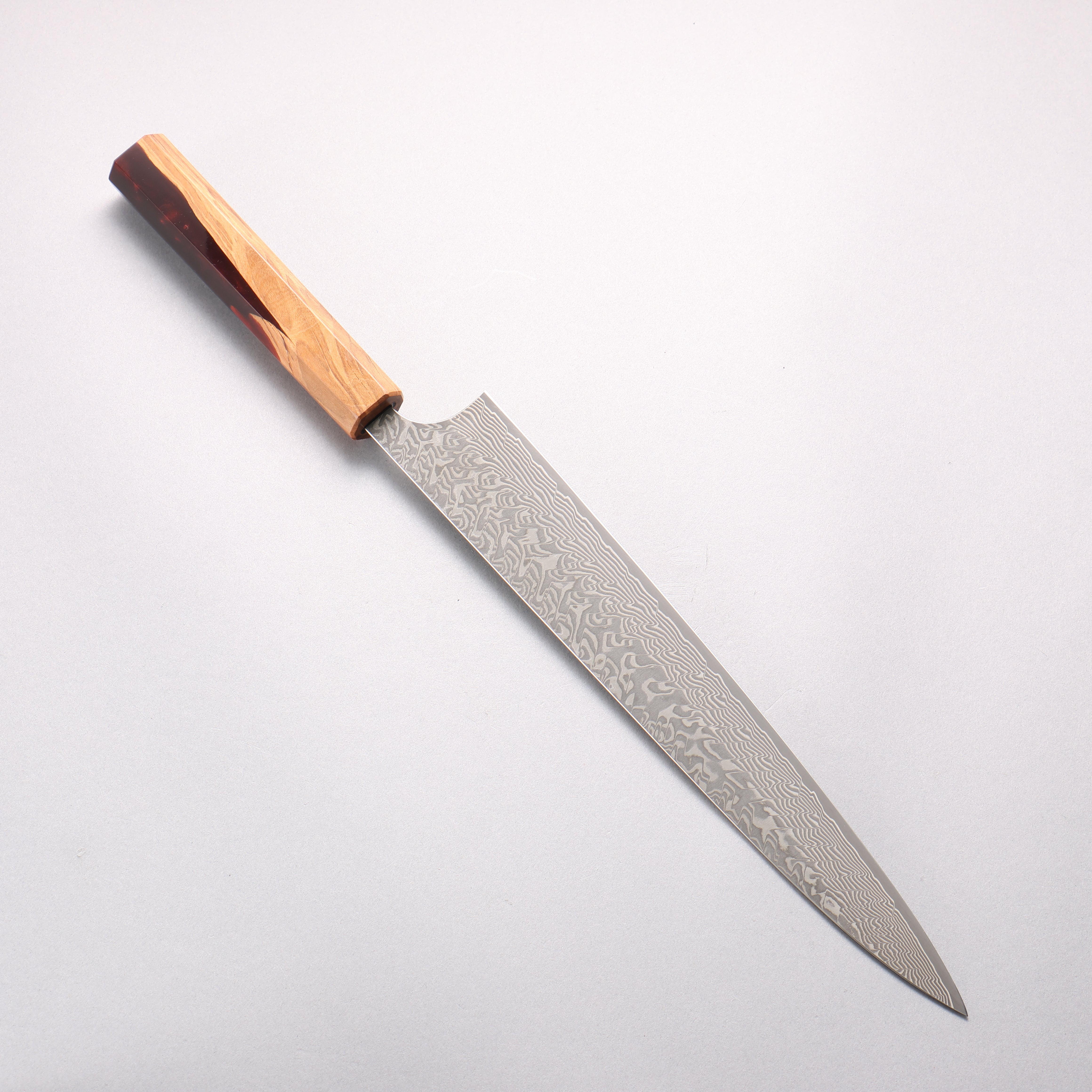 Yoshimi Kato SG2 Black Damascus Sujihiki 270mm Olive Tree and Red Resin Handle - Seisuke Knife