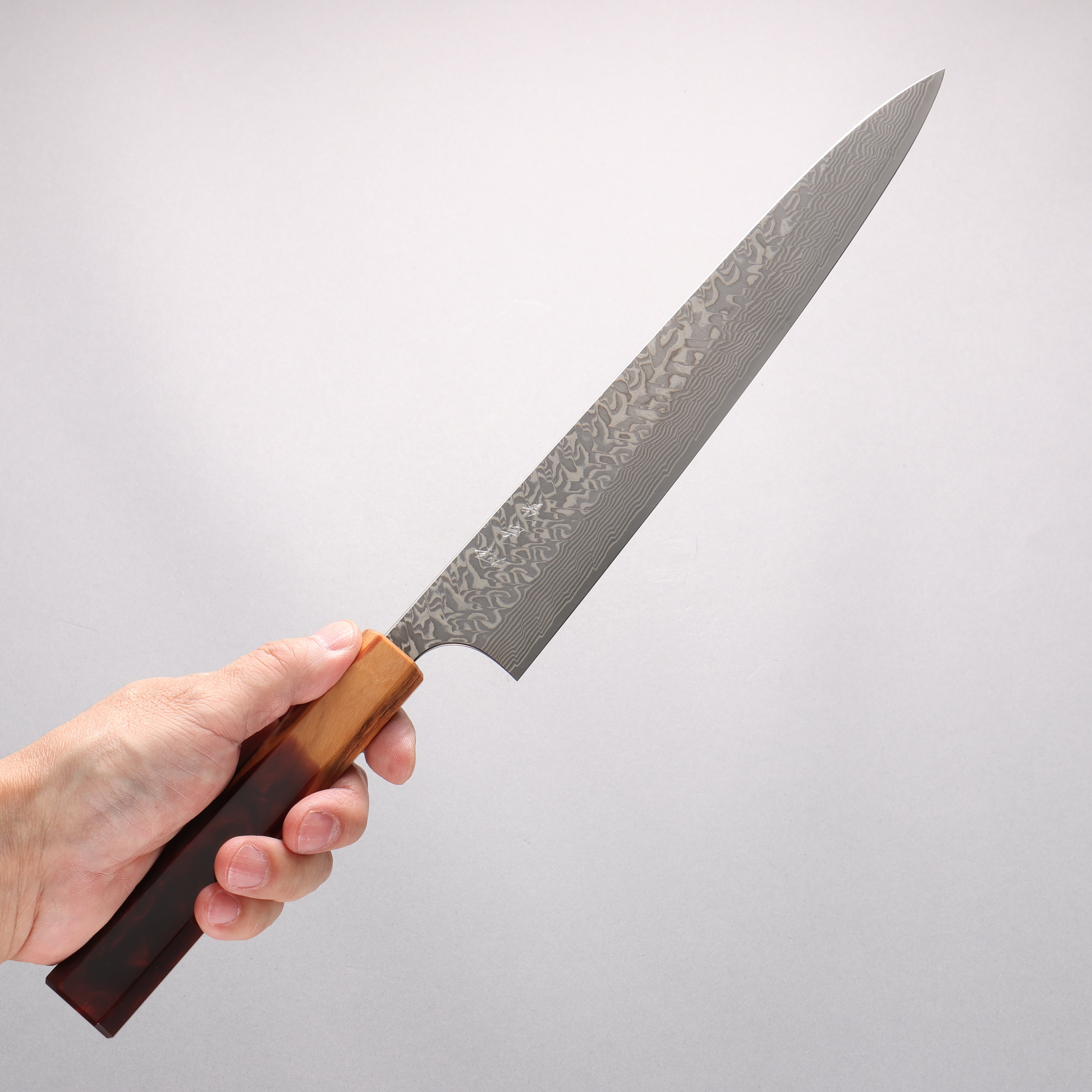 Yoshimi Kato SG2 Black Damascus Sujihiki 270mm Olive Tree and Red Resin Handle - Seisuke Knife
