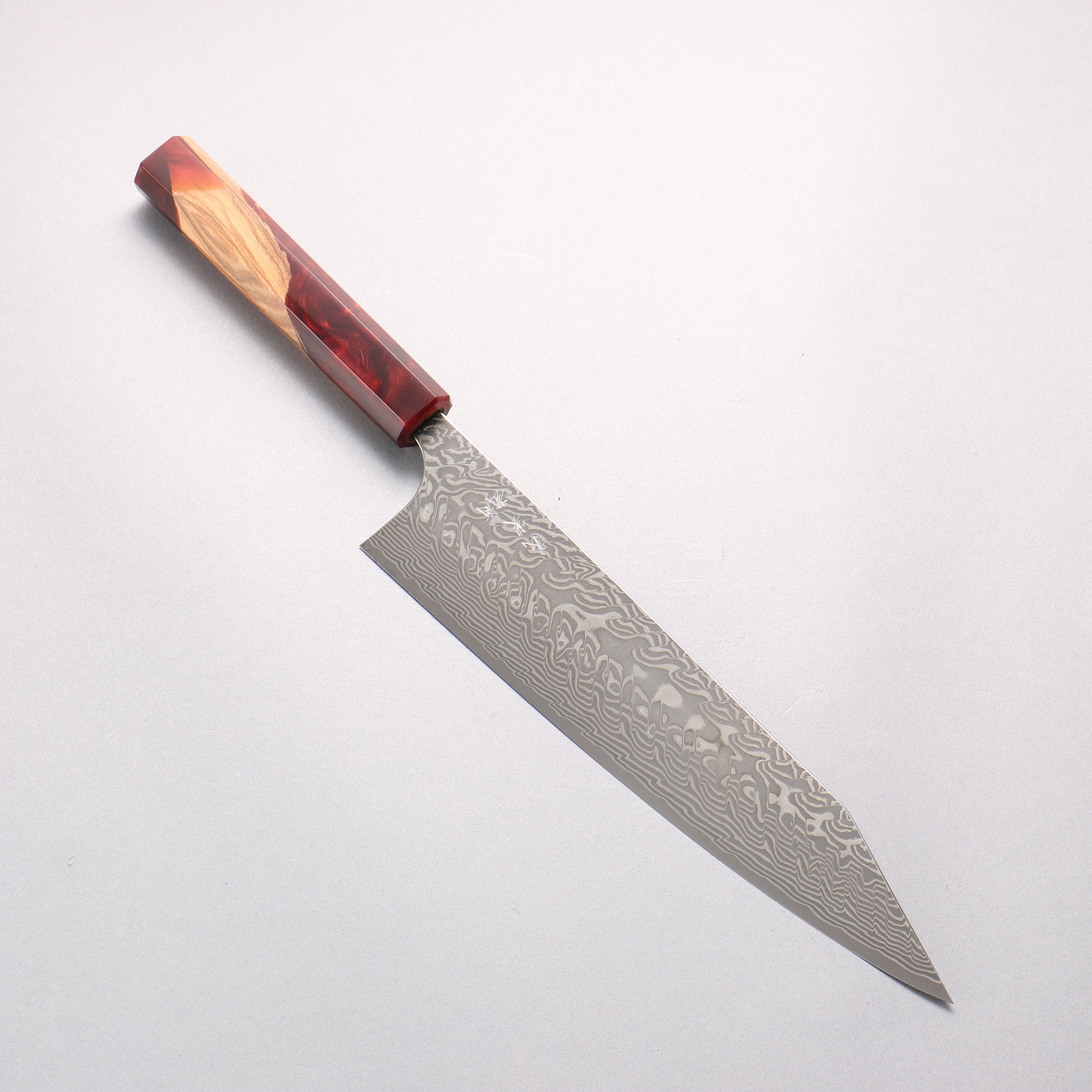 Yoshimi Kato SG2 Black Damascus Kiritsuke Gyuto 240mm Olive Tree and Red Resin Handle - Seisuke Knife