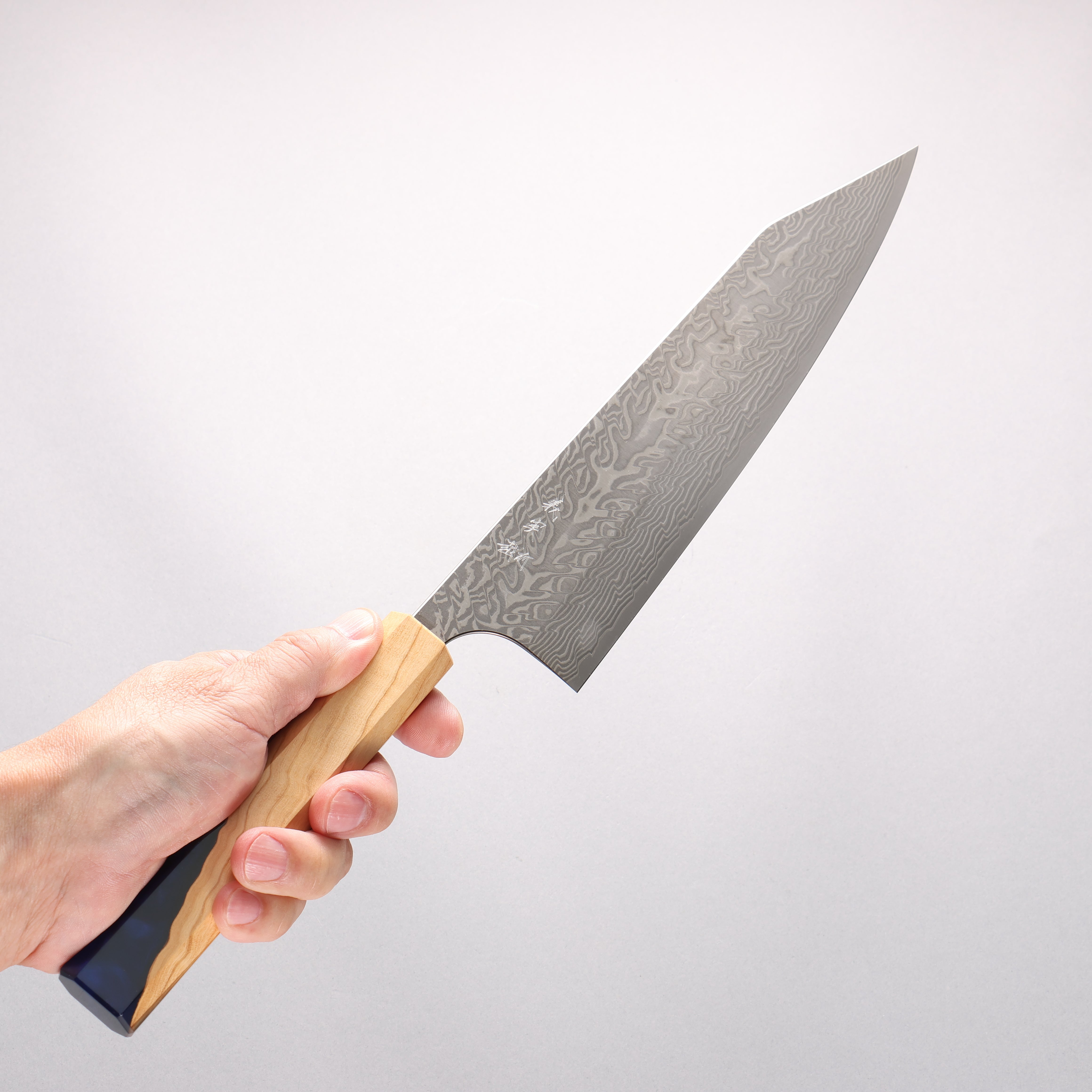 Yoshimi Kato SG2 Black Damascus Kiritsuke Gyuto 240mm Olive Tree and Blue Resin Handle - Seisuke Knife