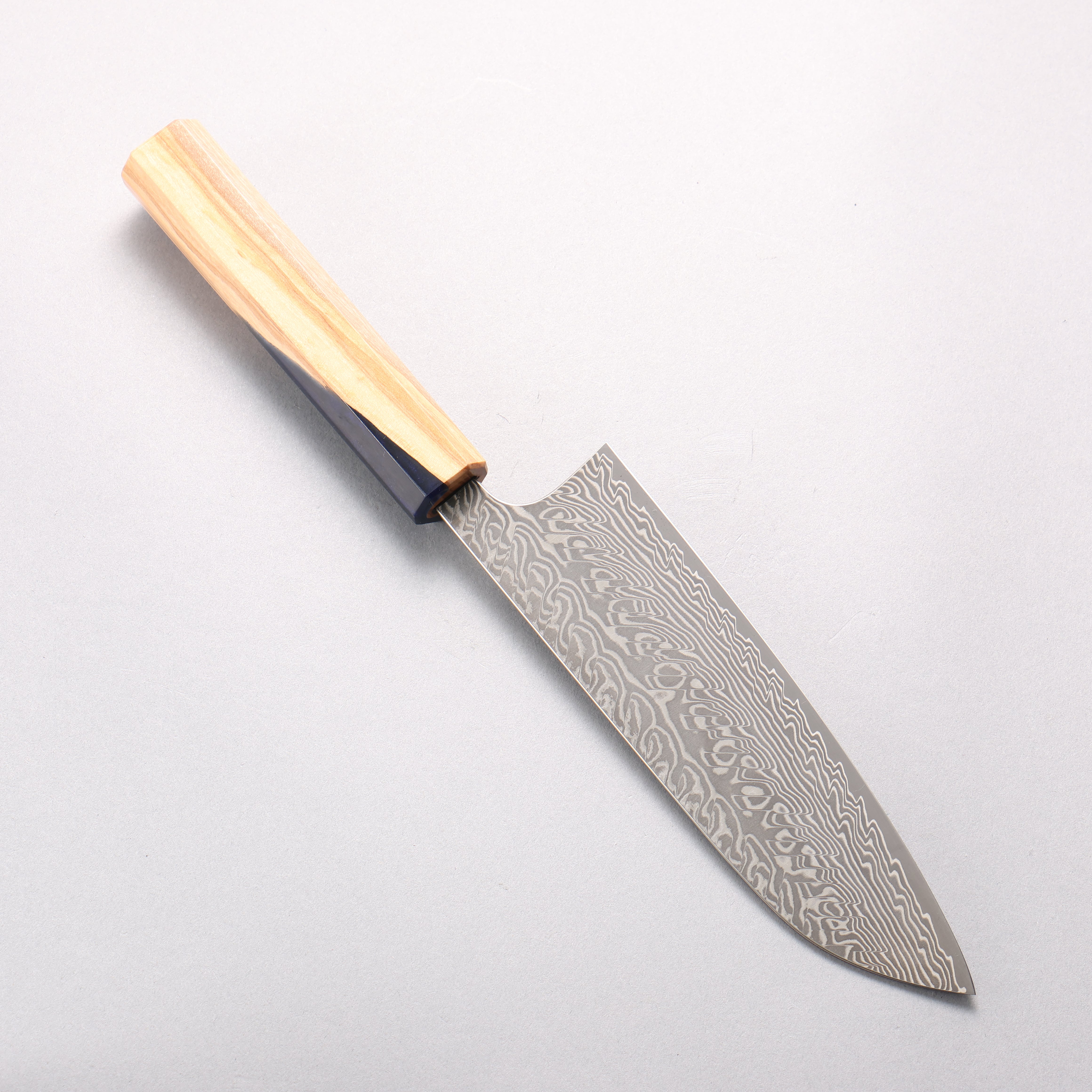 Yoshimi Kato SG2 Black Damascus Santoku 170mm Olive Tree and Blue Resin Handle - Seisuke Knife