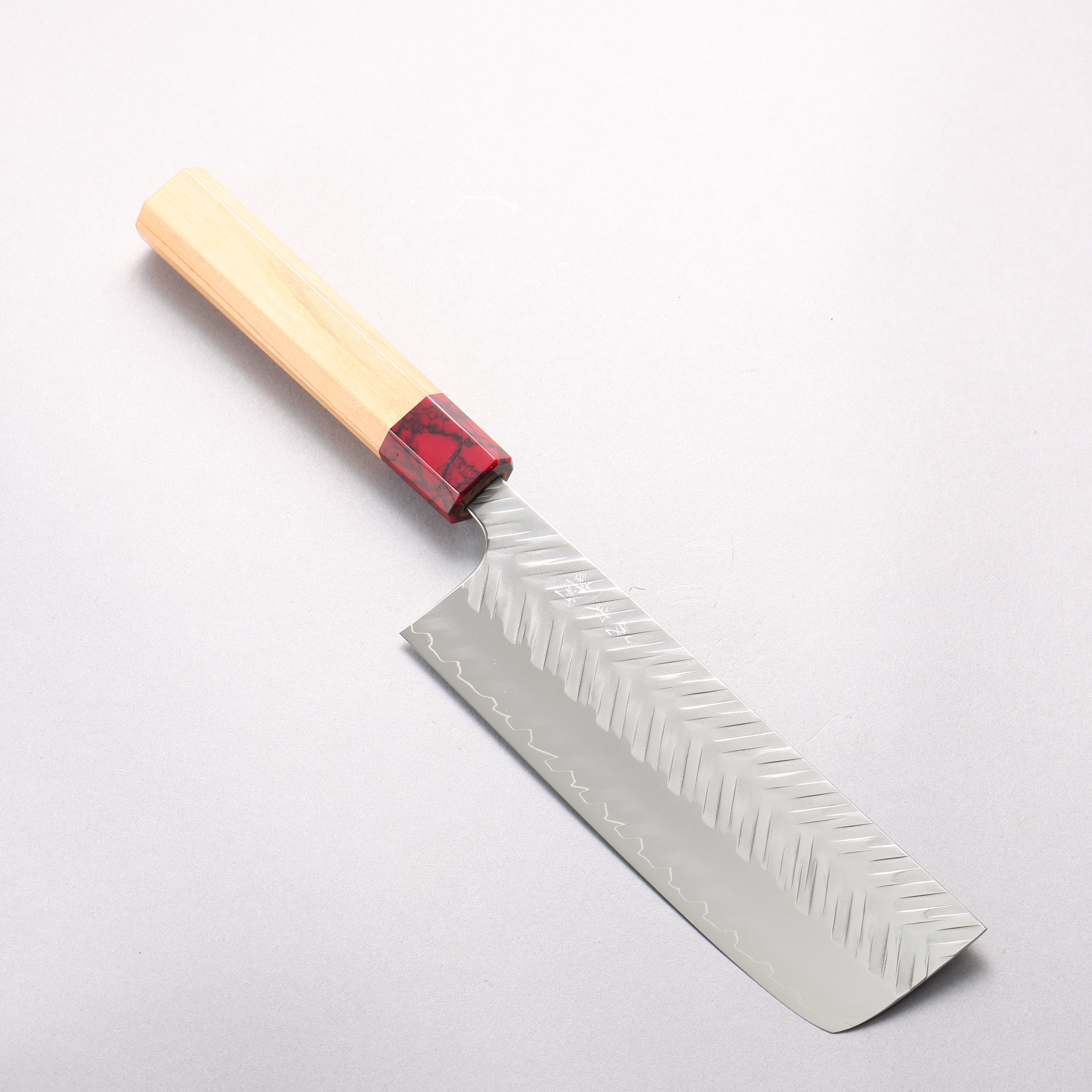 Yoshimi Kato SPG STRIX V-Hammered Nakiri 165mm Olive Wood & Red Turquoise Handle - Seisuke Knife