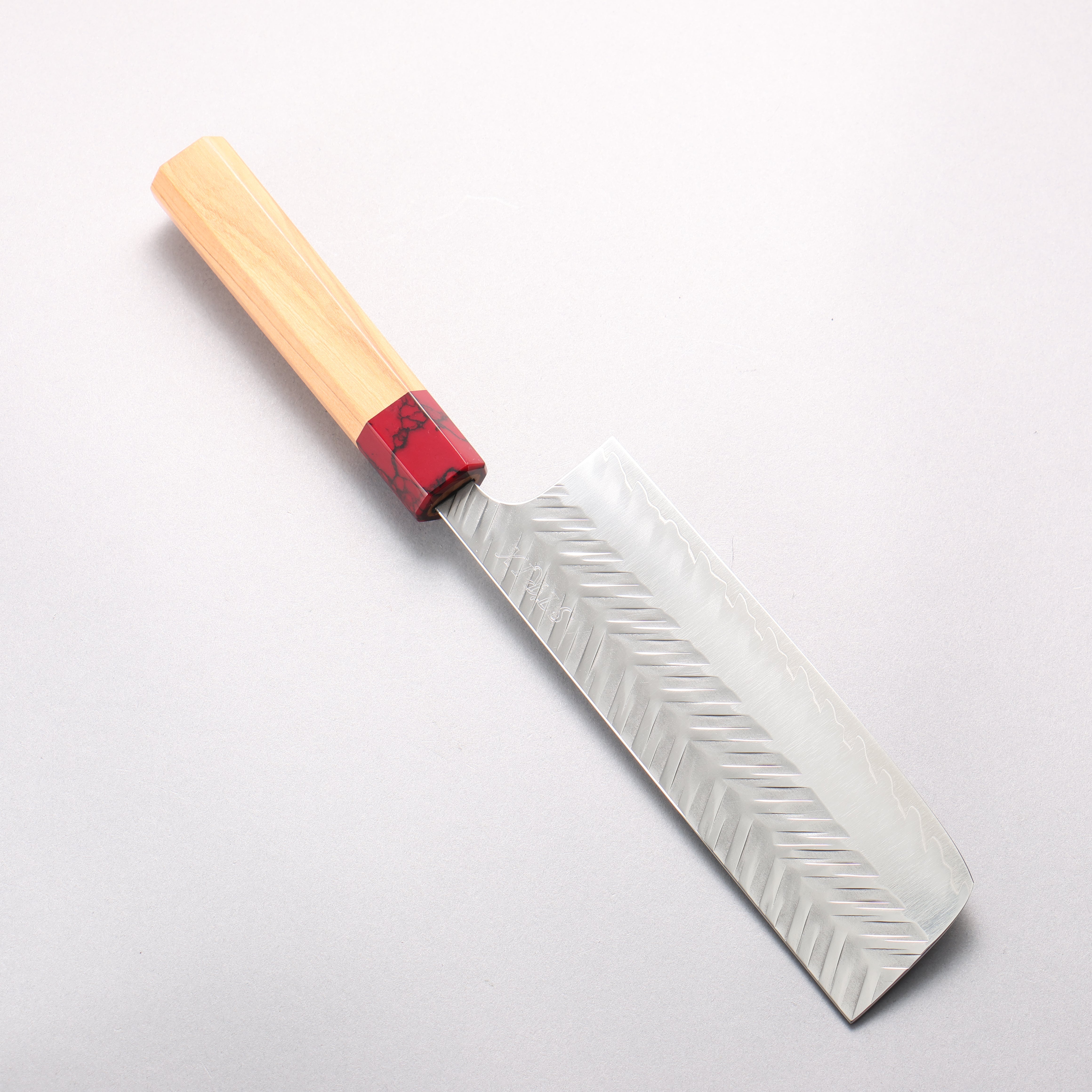 Yoshimi Kato SPG STRIX V-Hammered Nakiri 165mm Olive Wood & Red Turquoise Handle - Seisuke Knife