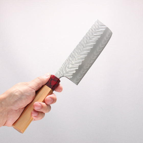 Yoshimi Kato SPG STRIX Hammered (V) Nakiri 165mm Olive Tree (ferrule: Red Turquoise) Handle - Seisuke Knife