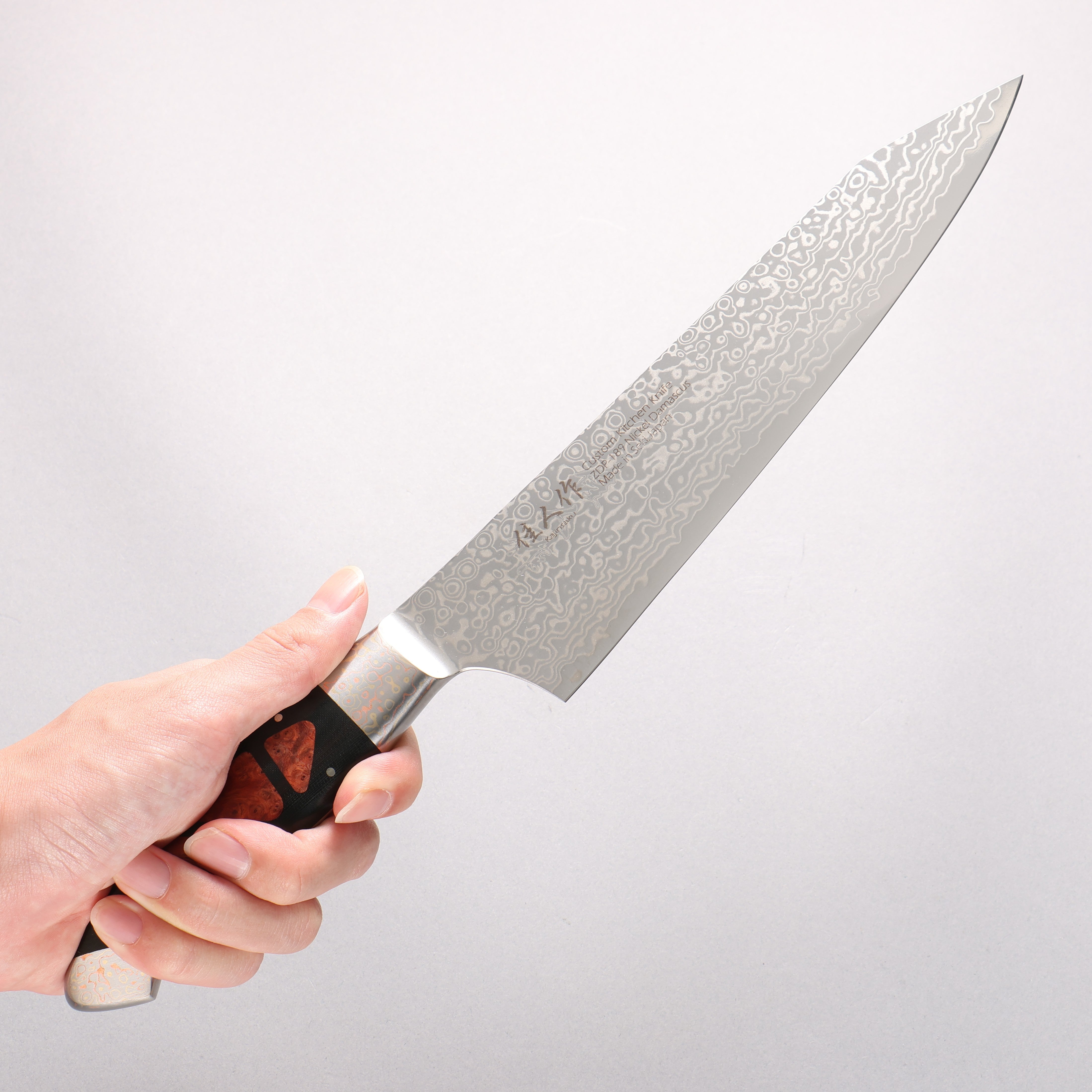 Kajin ZDP189 Damascus Migaki Finished Kiritsuke Gyuto 210mm Chinese Quince Burl Inlay Handle - Seisuke Knife