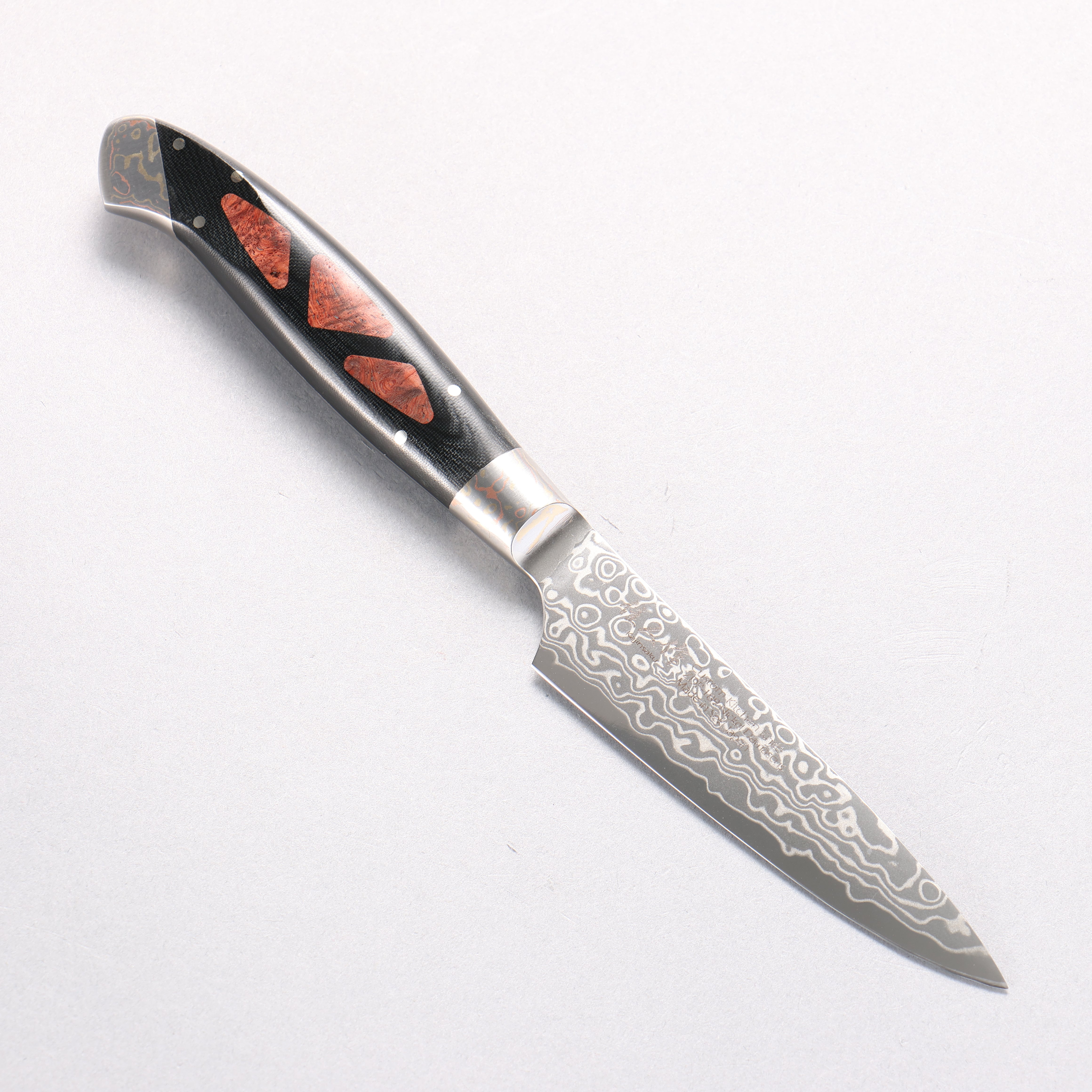 Kajin ZDP189 Damascus Migaki Finished Petty-Utility 95mm Chinese Quince Burl Inlay Handle - Seisuke Knife