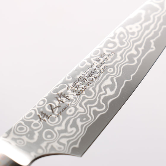 Kajin ZDP189 Damascus Migaki Finished Petty-Utility 95mm Chinese Quince Burl Inlay Handle - Seisuke Knife