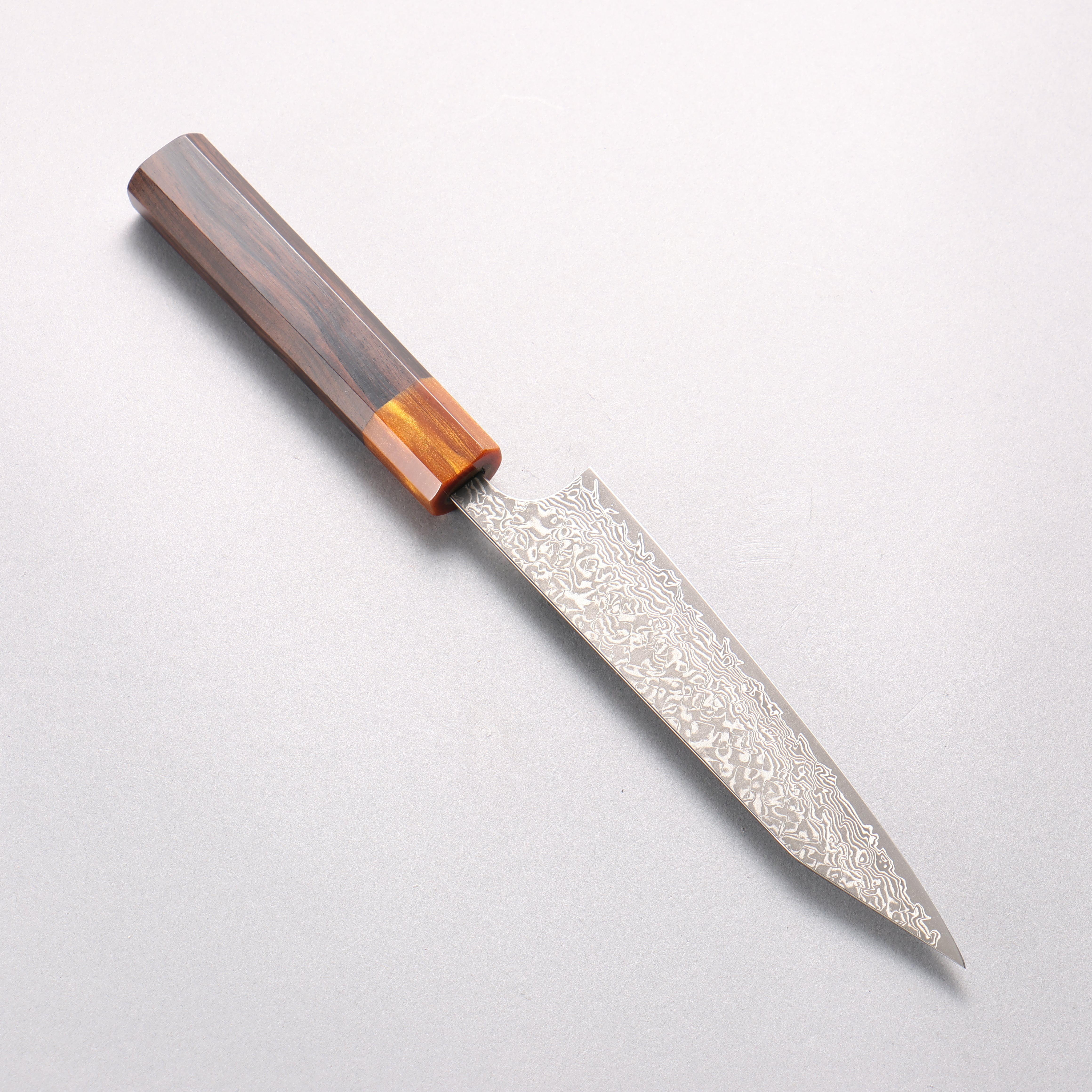 Yoshimi Kato VG10 Black Damascus Kiritsuke Petty-Utility 150mm Ebony (ferrule: Orange Resin) Handle - Seisuke Knife