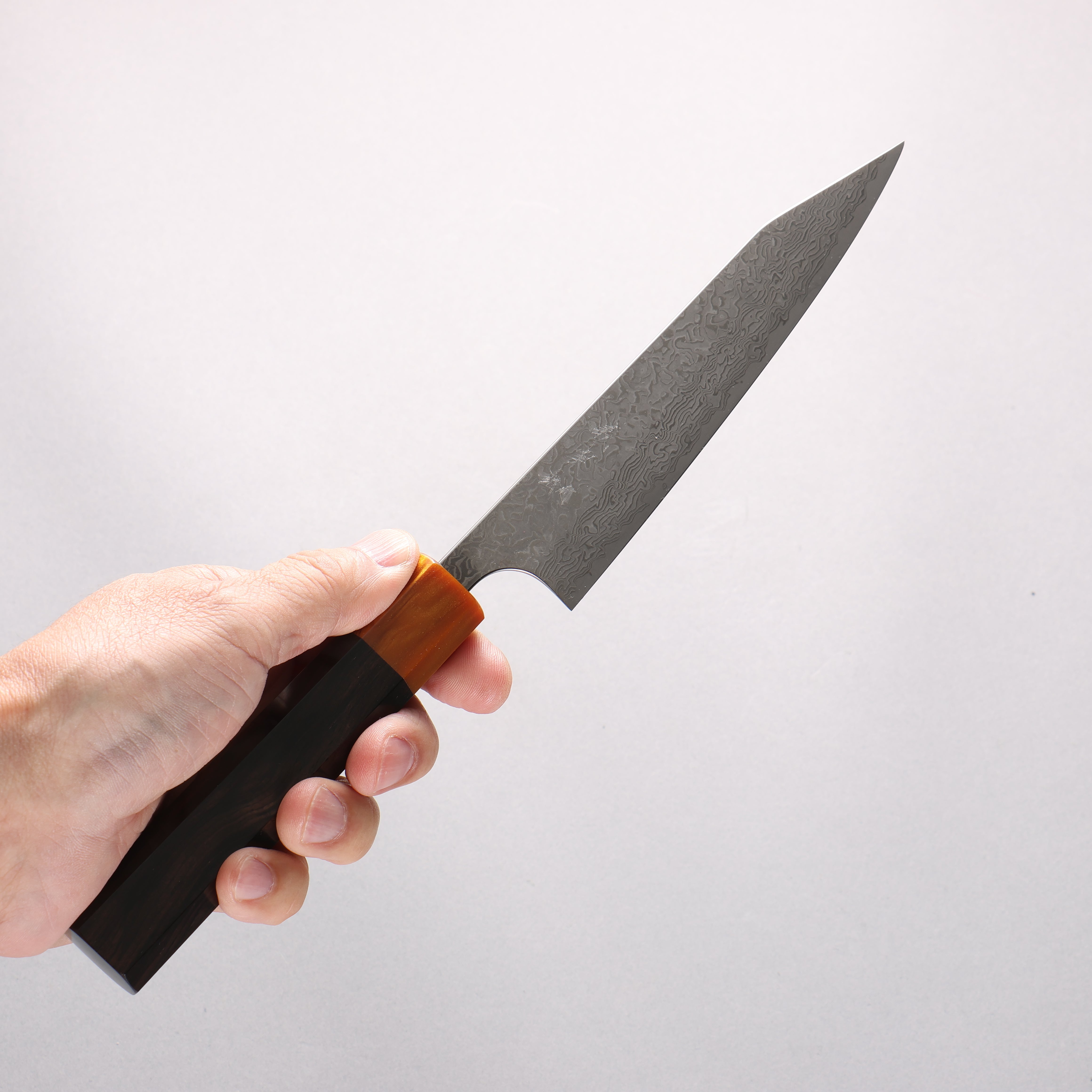Yoshimi Kato VG10 Black Damascus Kiritsuke Petty-Utility 150mm Ebony (ferrule: Orange Resin) Handle - Seisuke Knife
