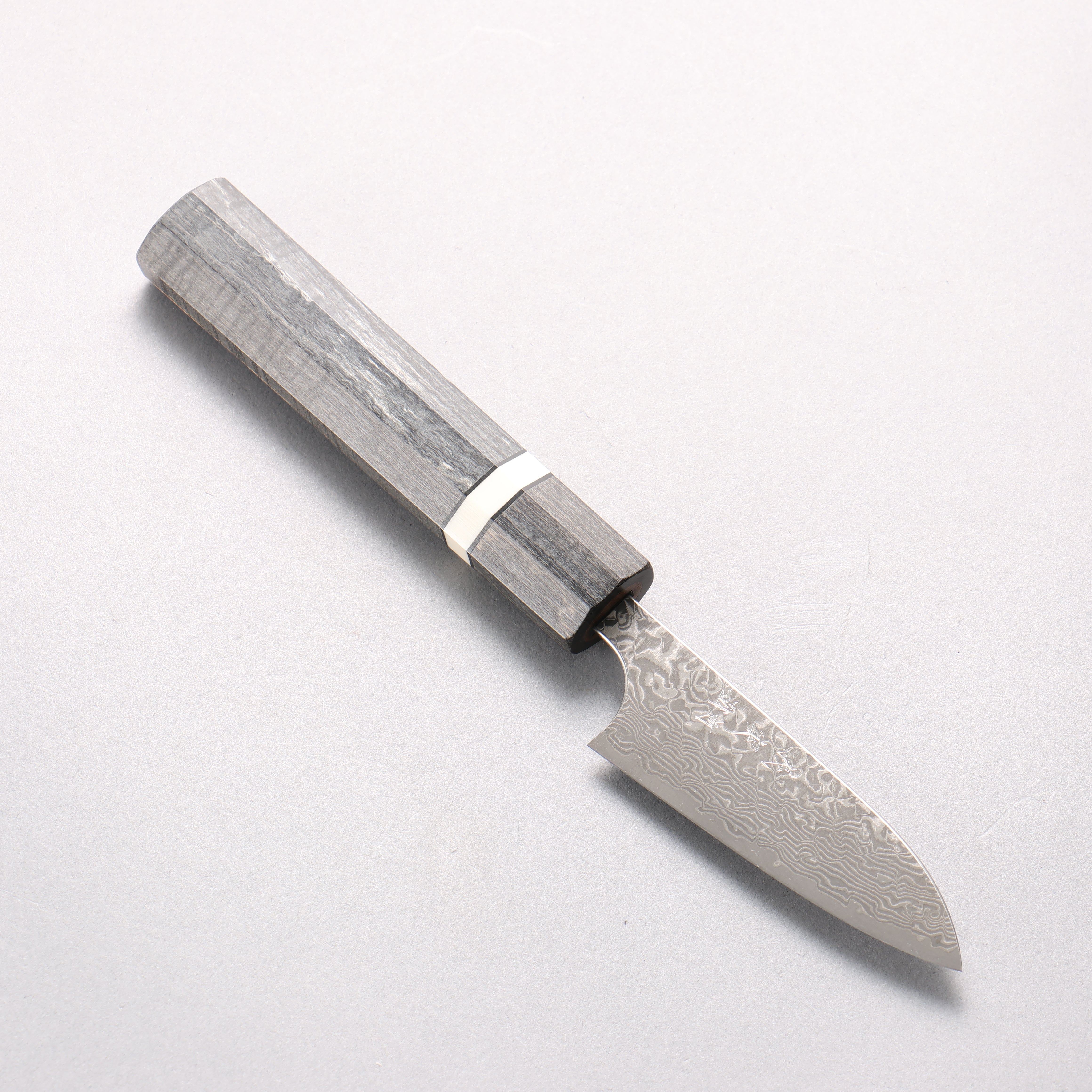 Yoshimi Kato VG10 Black Damascus Paring 75mm Gray Stabilized Wood & White Ring Handle - Seisuke Knife