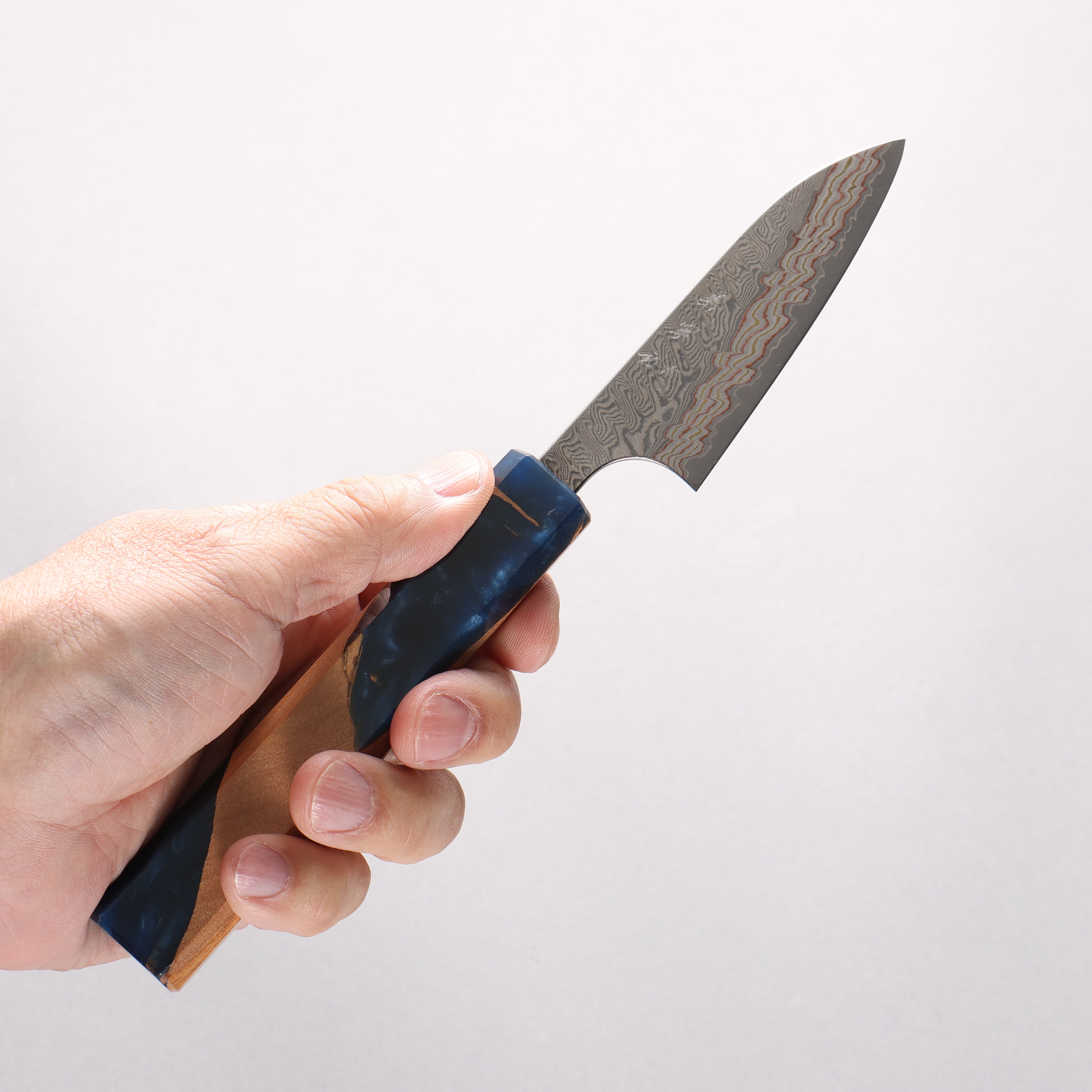 Yoshimi Kato VG10w Colored Damascus Paring 80mm Olive Wood & Blue Resin Handle - Seisuke Knife