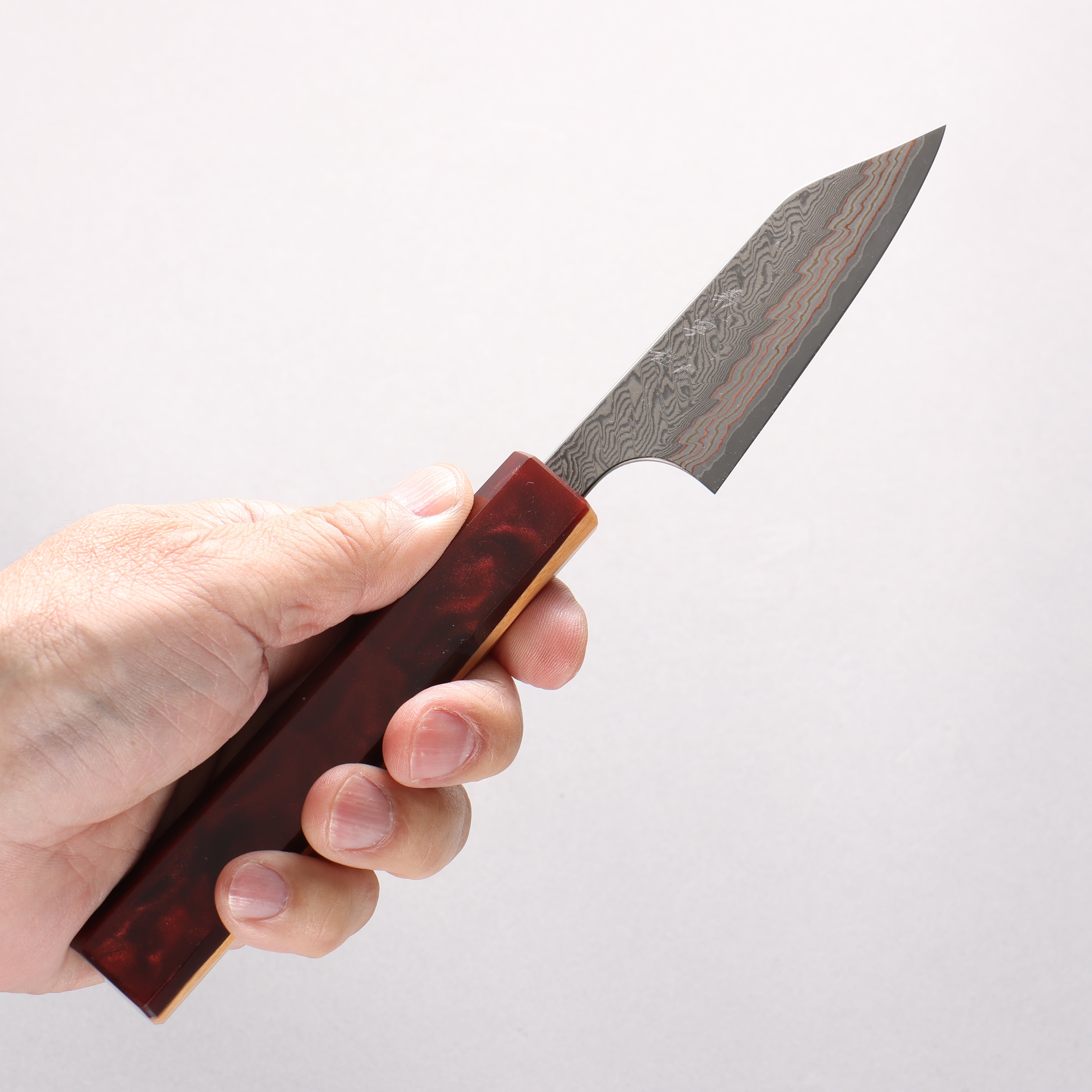 Yoshimi Kato VG10w Colored Damascus Paring 80mm Olive Wood & Red Resin Handle - Seisuke Knife