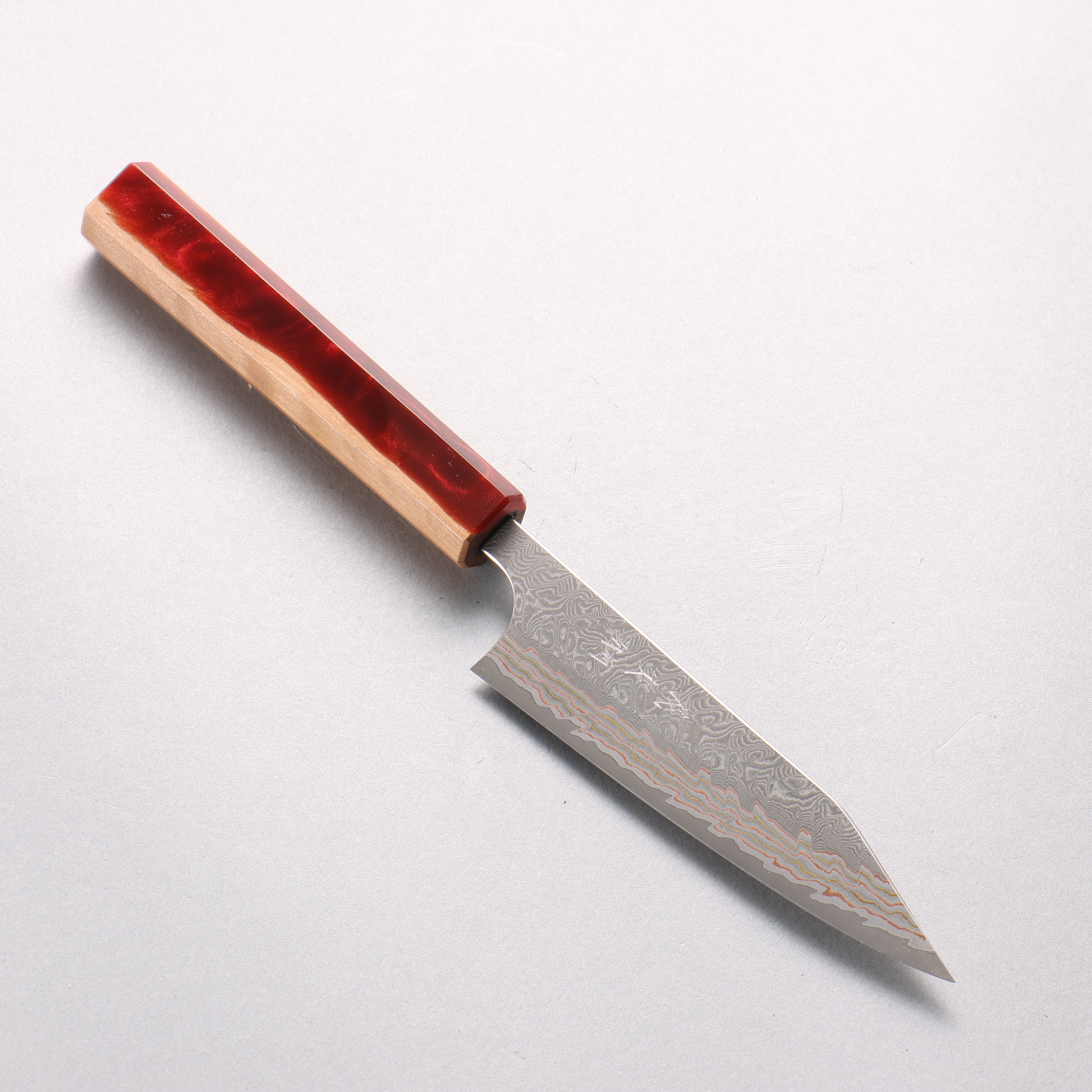 Yoshimi Kato VG10w Colored Damascus Kiritsuke Petty-Utility 120mm Olive Tree and Red Resin Handle - Seisuke Knife