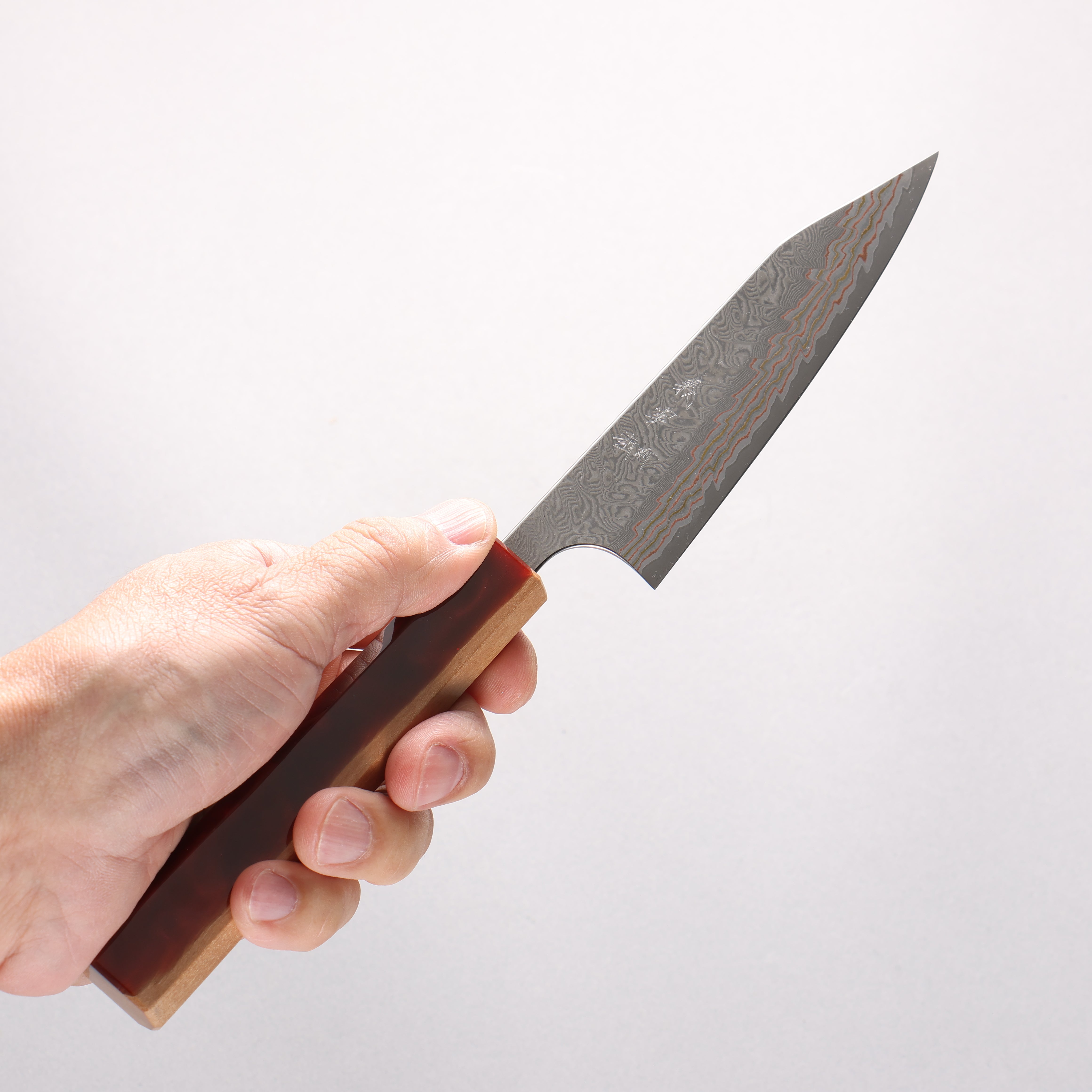 Yoshimi Kato VG10w Colored Damascus Kiritsuke Petty-Utility 120mm Olive Tree and Red Resin Handle - Seisuke Knife