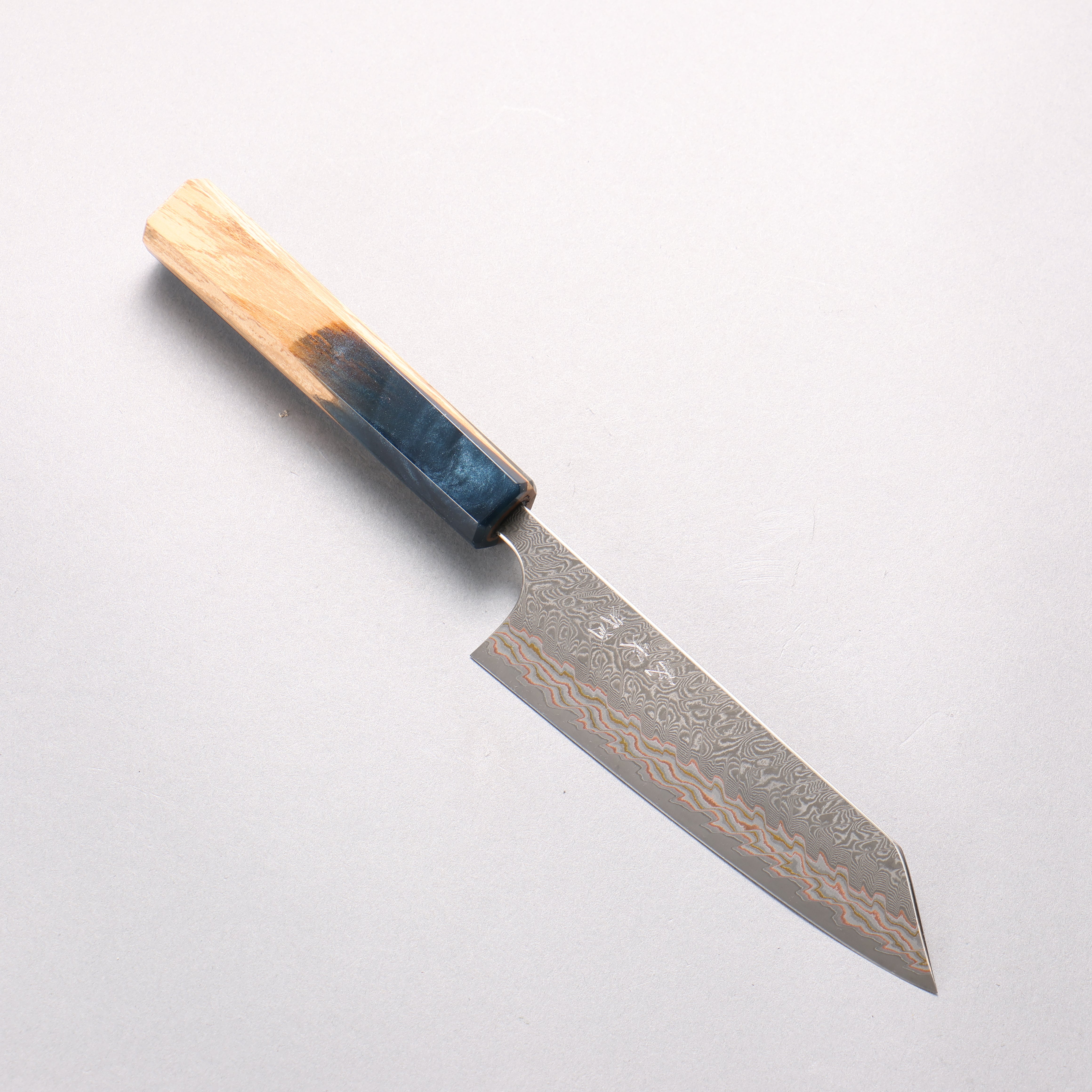 Yoshimi Kato VG10w Colored Damascus Small Bunka 130mm Olive Tree and Blue Resin Handle - Seisuke Knife