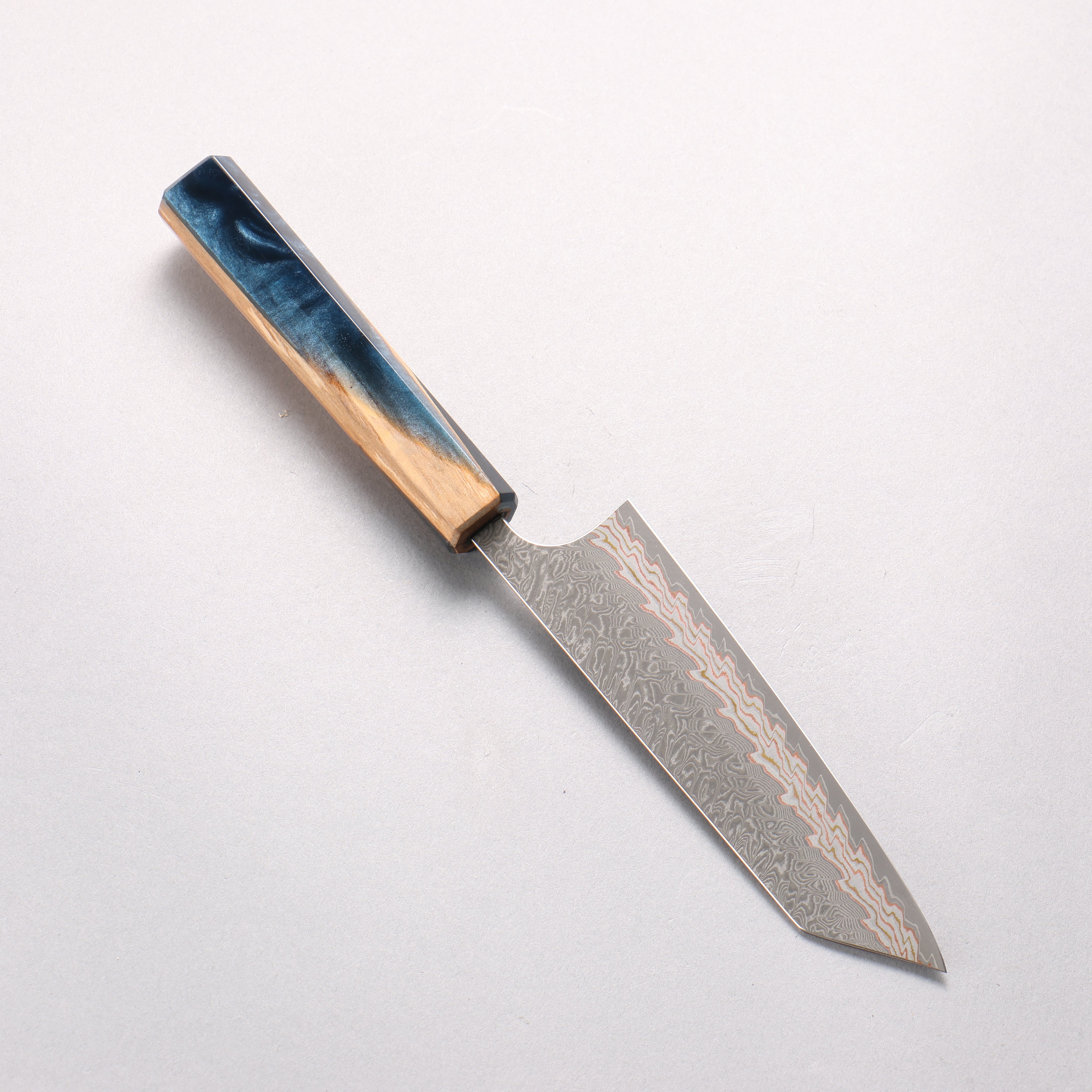 Yoshimi Kato VG10w Colored Damascus Small Bunka 130mm Olive Tree and Blue Resin Handle - Seisuke Knife